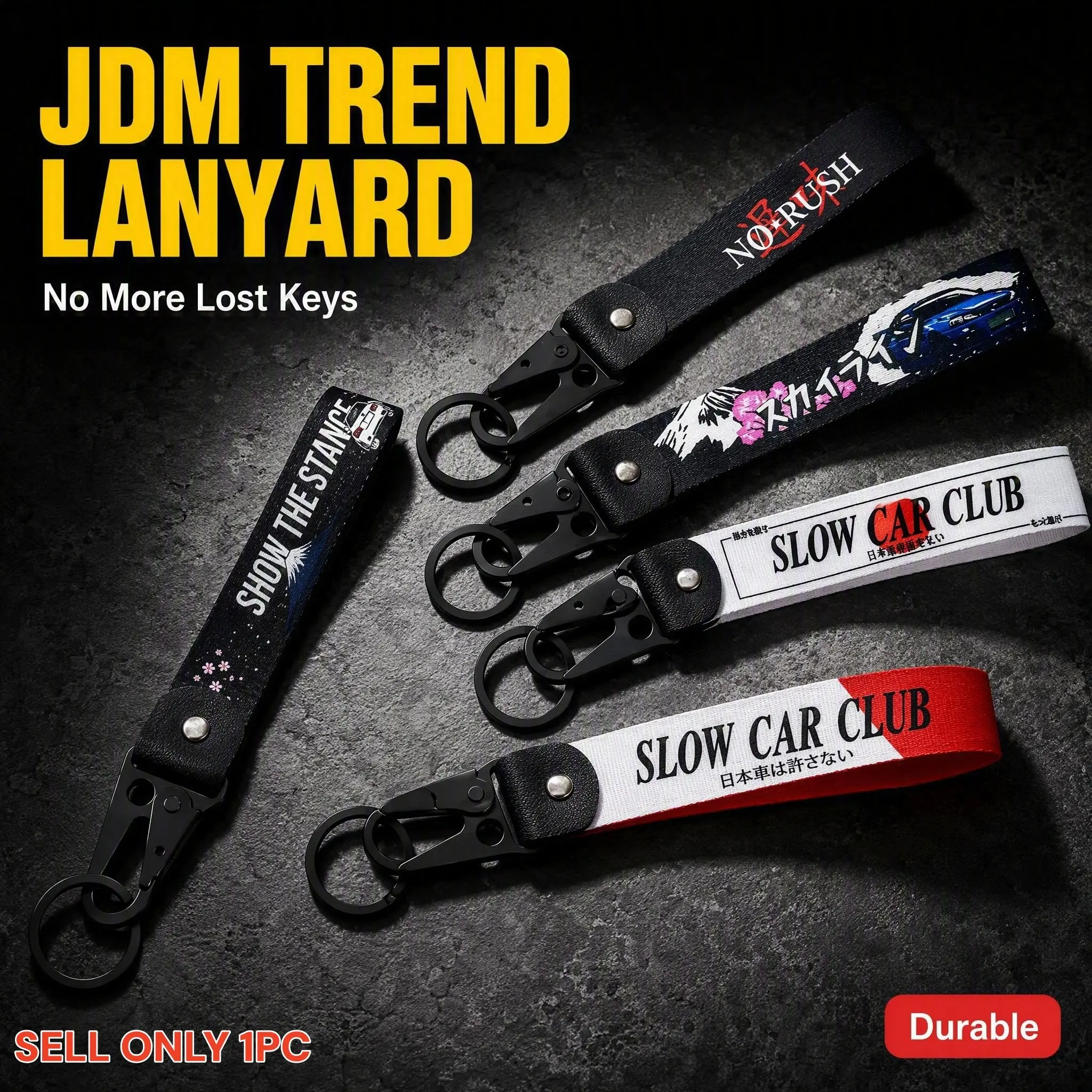 JDM Wrist Keychain with Eagle Beak Clip, Slow Car Club Show The Stance No Rush Take It Slow Printed Short Key Lanyard, Japanese Racing Style Anti-Lost Car Key Strap Backpack Charm for JDM Enthusiasts