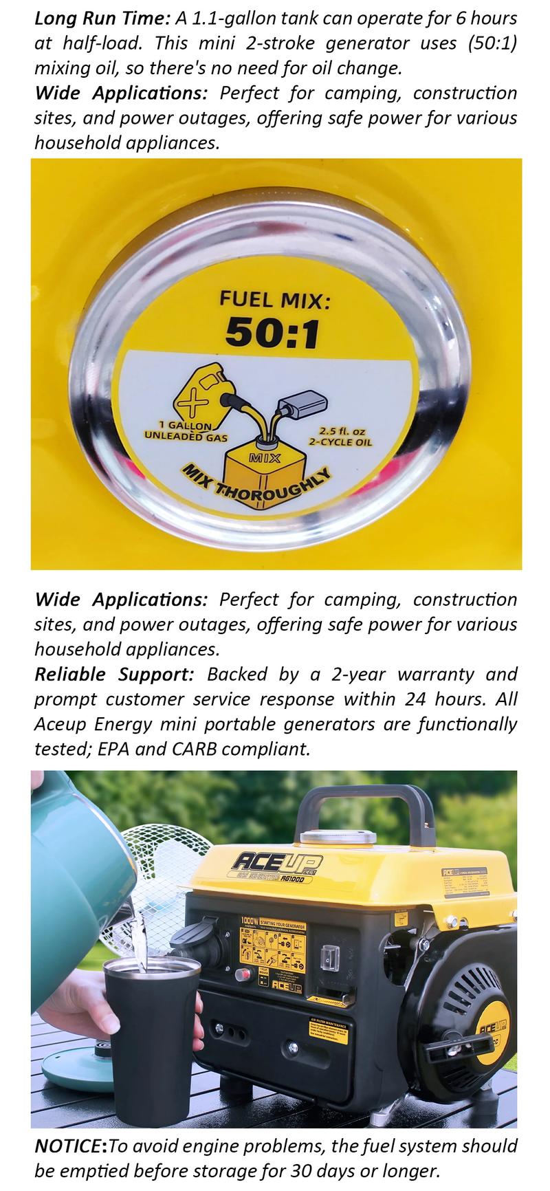 Aceup Energy 1200W 2-Stroke Portable Gas Generator | Small Generator Camping Ultralight, EPA & CARB Compliant-AG1200