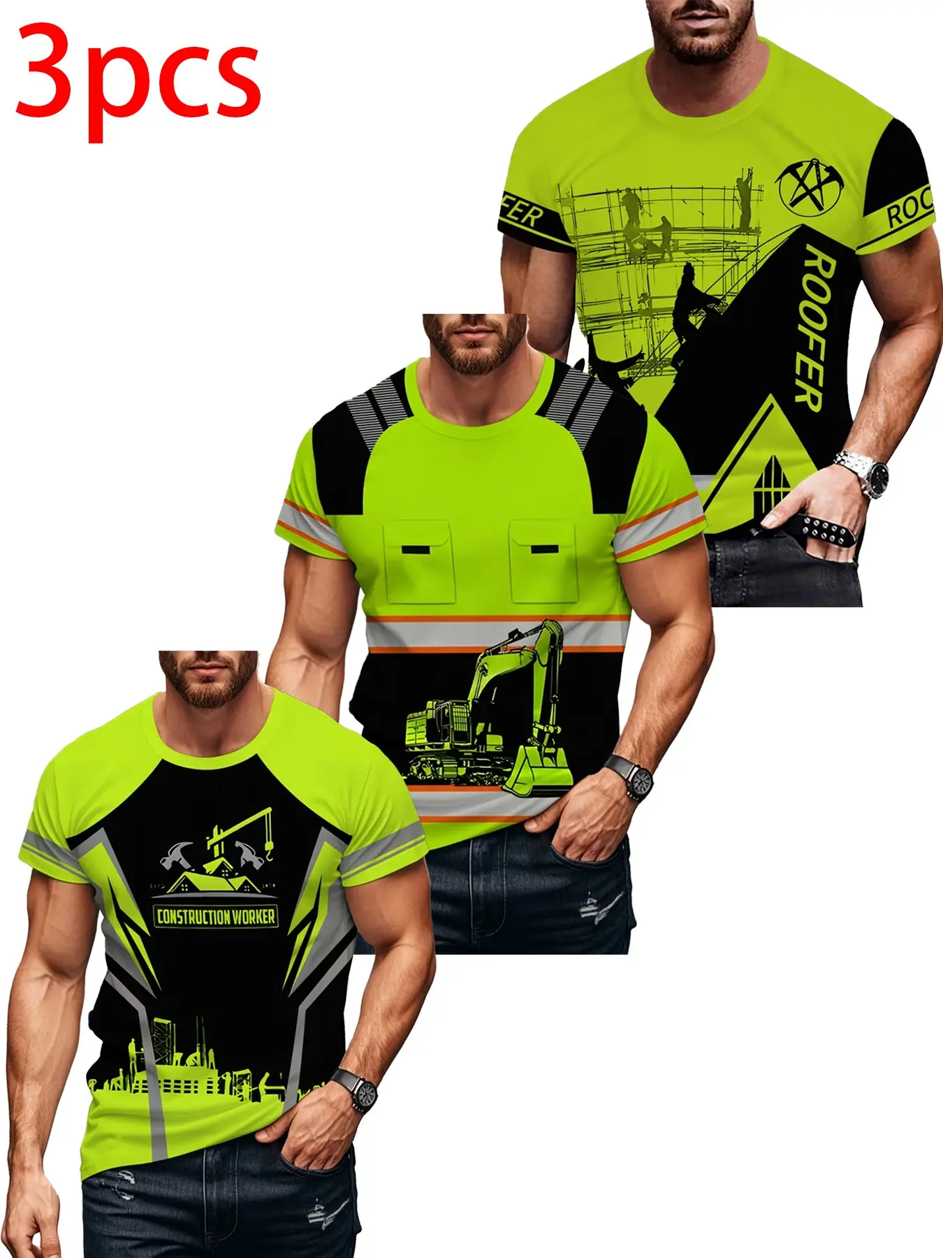 3-Pack Men's Construction Worker Print T-Shirts, Roofing Excavator Pattern Short Sleeves, Casual Daily Wear, Long Fitted Tee