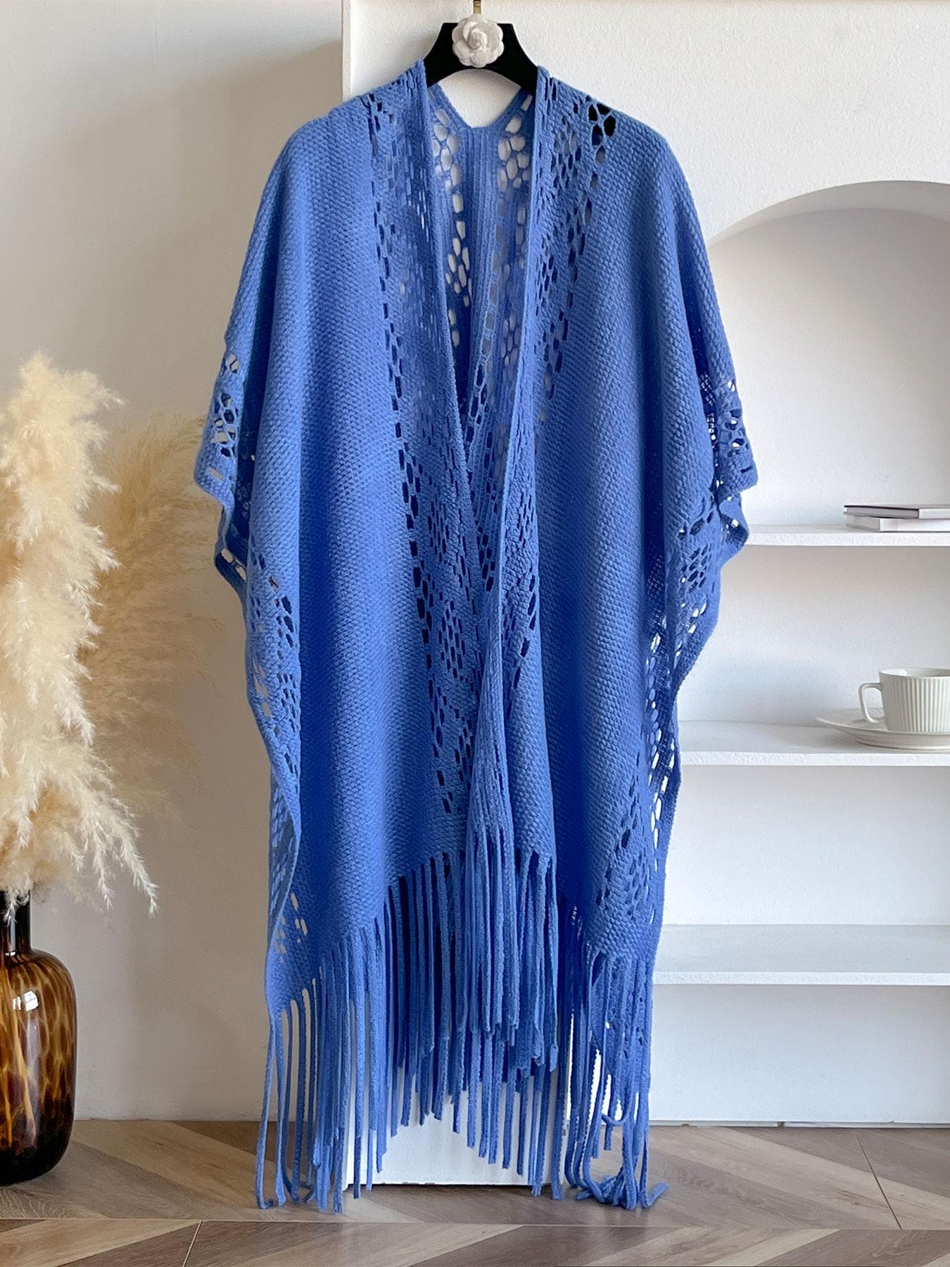 Women's Solid Color Hollow Out Fringe Trim Cape Shawl, Casual Elegant Shawl for Daily Wear, Fashion Accessories for Women & Girls, Clothes