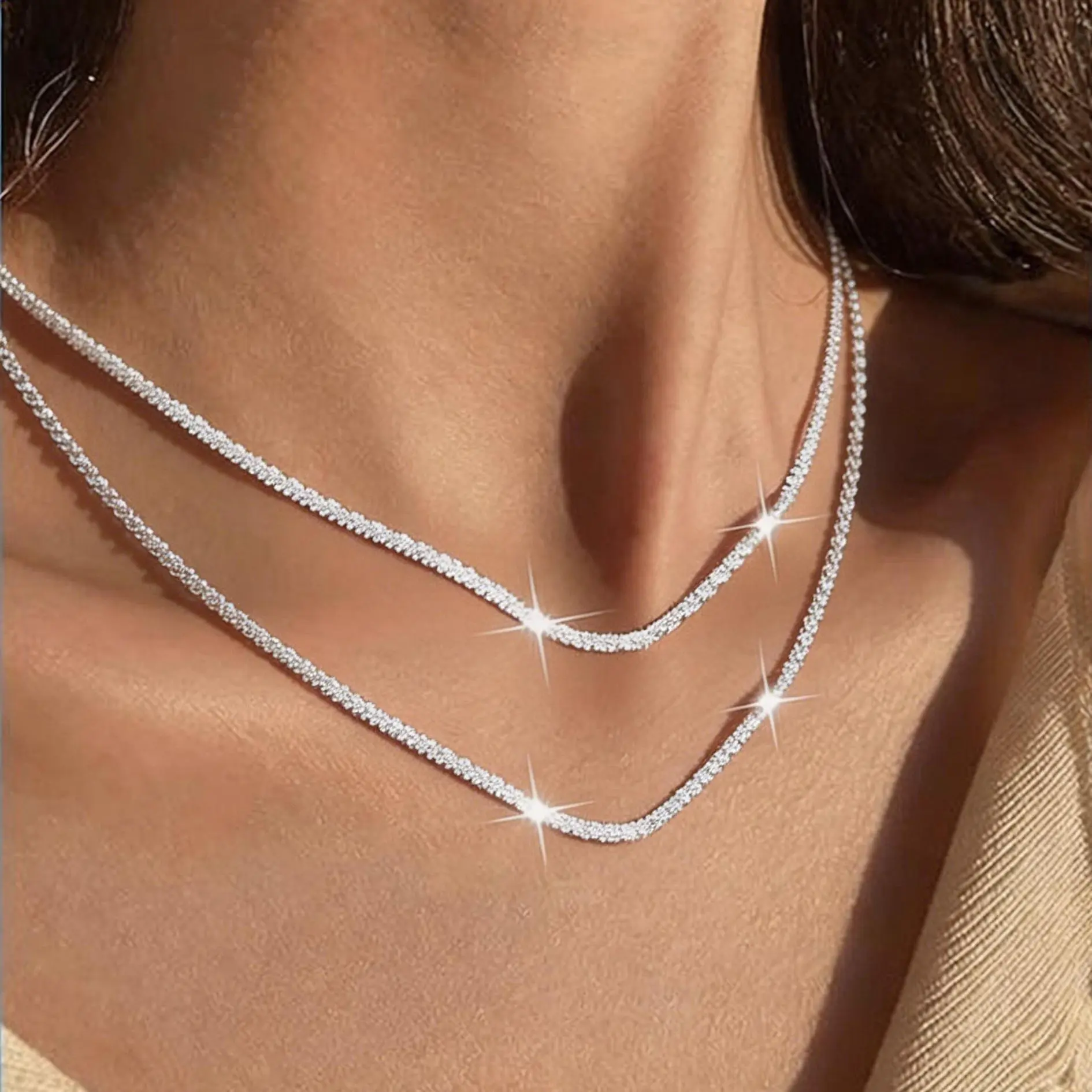 CASSIECA 2pc Layered Necklace Set for Women Silver Layered Necklace Style Necklace Sterling Silver Stackable Necklace Shiny Diamond-Cut Popcorn Chain for Women and Girls  Sohochic