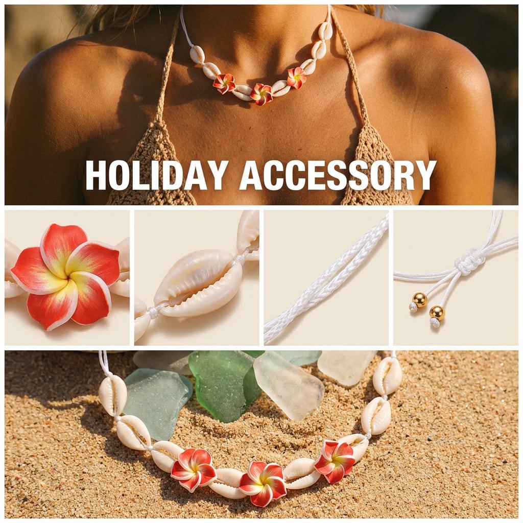 Boho Beach Necklace for Women Handmade Shell and Hibiscus Flower Pendant Summer Vacation Jewelry Tropical Resort Accessory Lightweight Bohemian Style Necklace