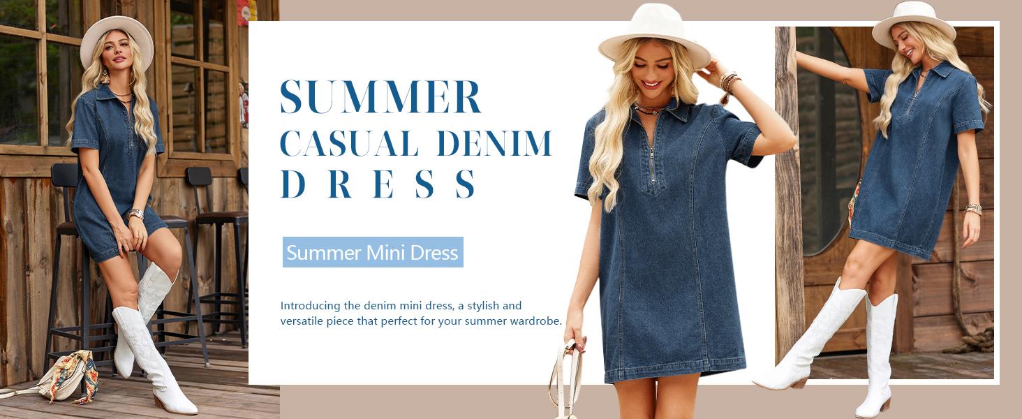 FMEYOA Womens Denim Shirt Dress Summer Collared V Neck Mini Casual Jean Dresses with Pockets