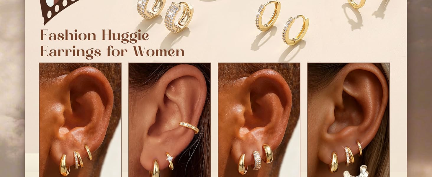 3 Pairs Small 14K Gold Plated Hoop Earrings for Women Trendy Hypoallergenic Silver Earring Stacks Huggie Hoops Earring Sets for Multiple Piercing Chunky Double Hoop Jewelry Lightweight