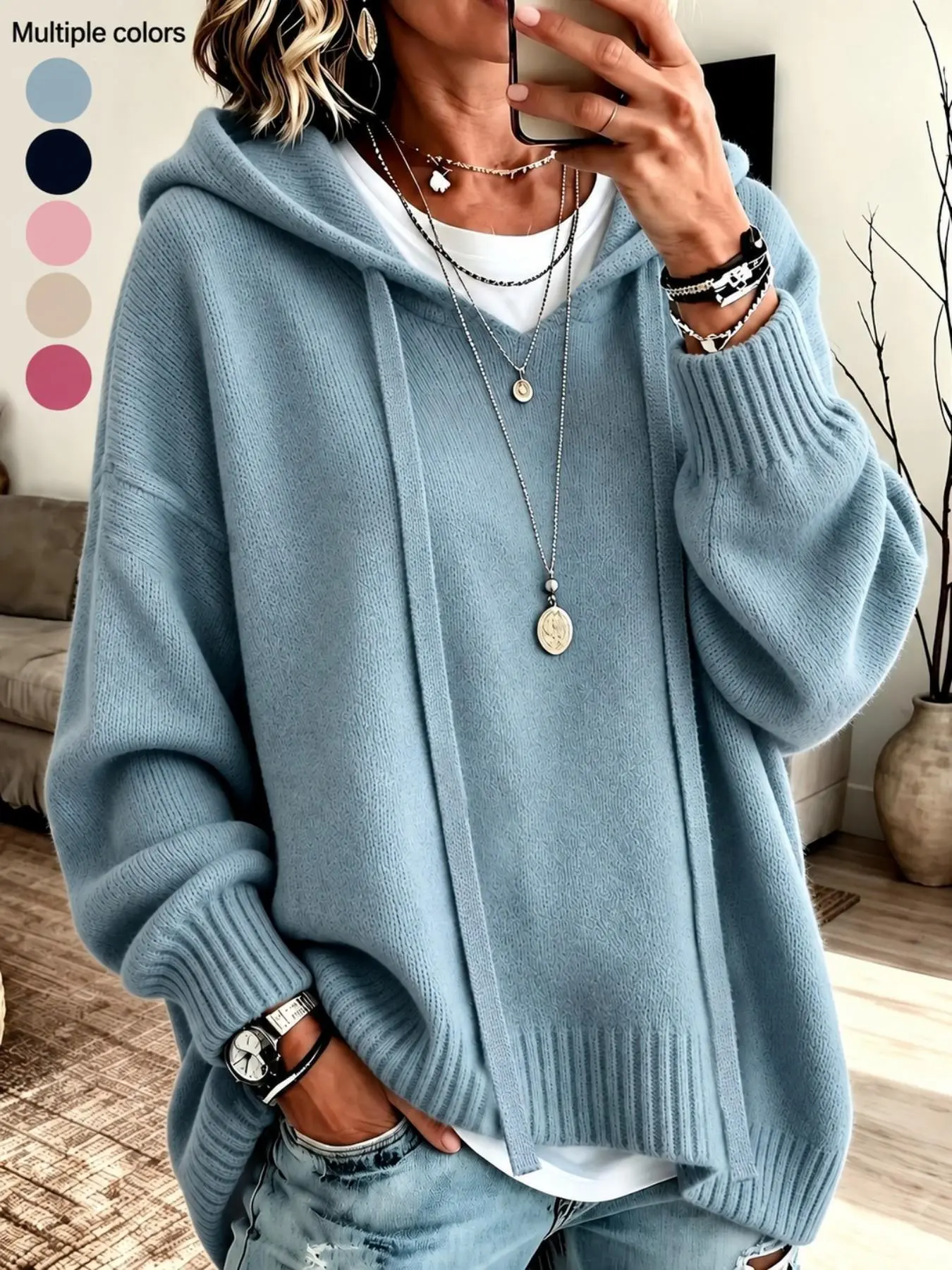 American Vintage Oversized Loose Casual Hooded Sweater, autumn and winter solid color simple versatile dropped shoulder lantern sleeve hooded sweater, 2026 new fashion women's clothing