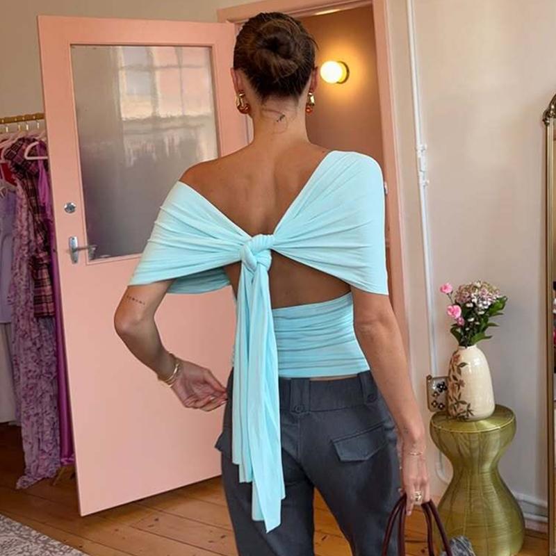 Women's Solid Color V Neck Cut Out Tie-back T-shirt Top, Bodycon Fitted Top, Sexy Backless Lace-up Sleeveless Plain Slim Fit Ruched Blouse Crop Top, Party Club Date Daily Casual For Ladies Summer