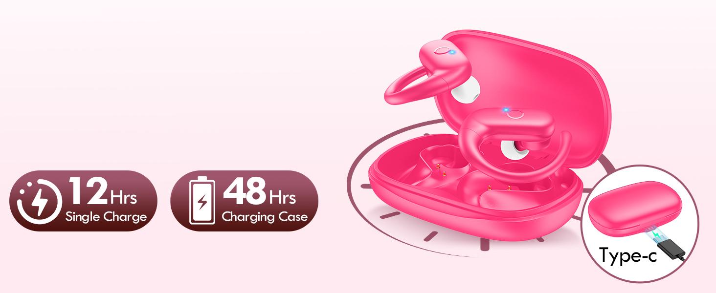 Pink Wireless Bluetooth 5.3 Earbuds with Earhooks - Hifi Audio, Deep Bass, 60 Hours Playtime, Multi-Device Compatibility, Water Resistant, Redesigned Comfort Fit for Running, Workout