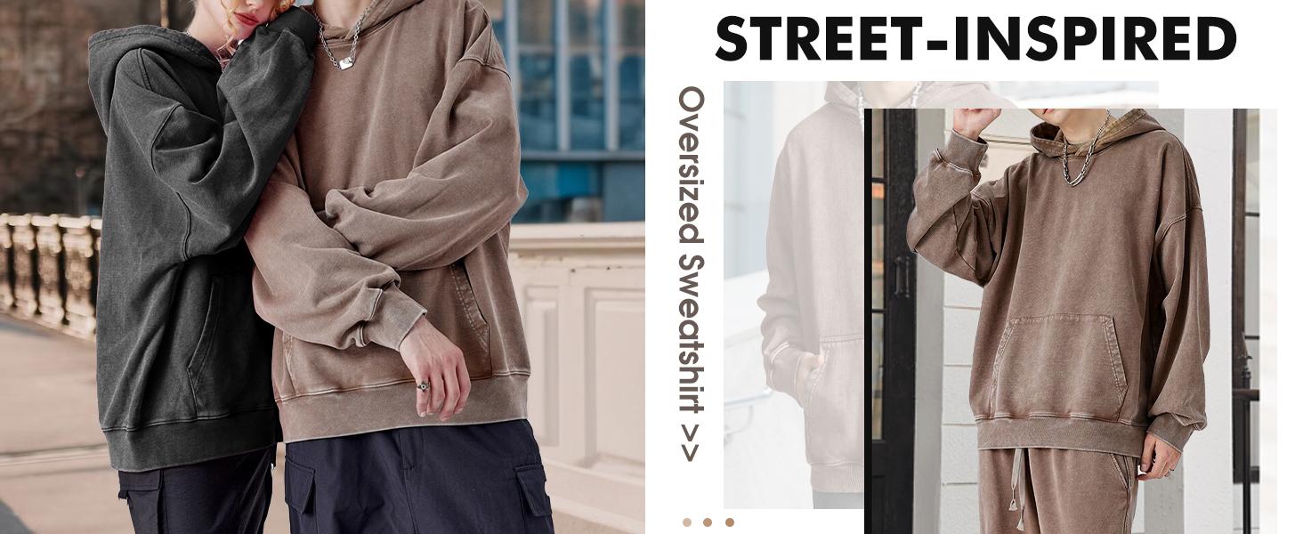 FAIABLE Unisex Casual Oversized Vintage Wash Hoodie Plush Heavyweight Cotton for Couples Stylish Streetwear College Winter Long Sleeve Sweatshirts