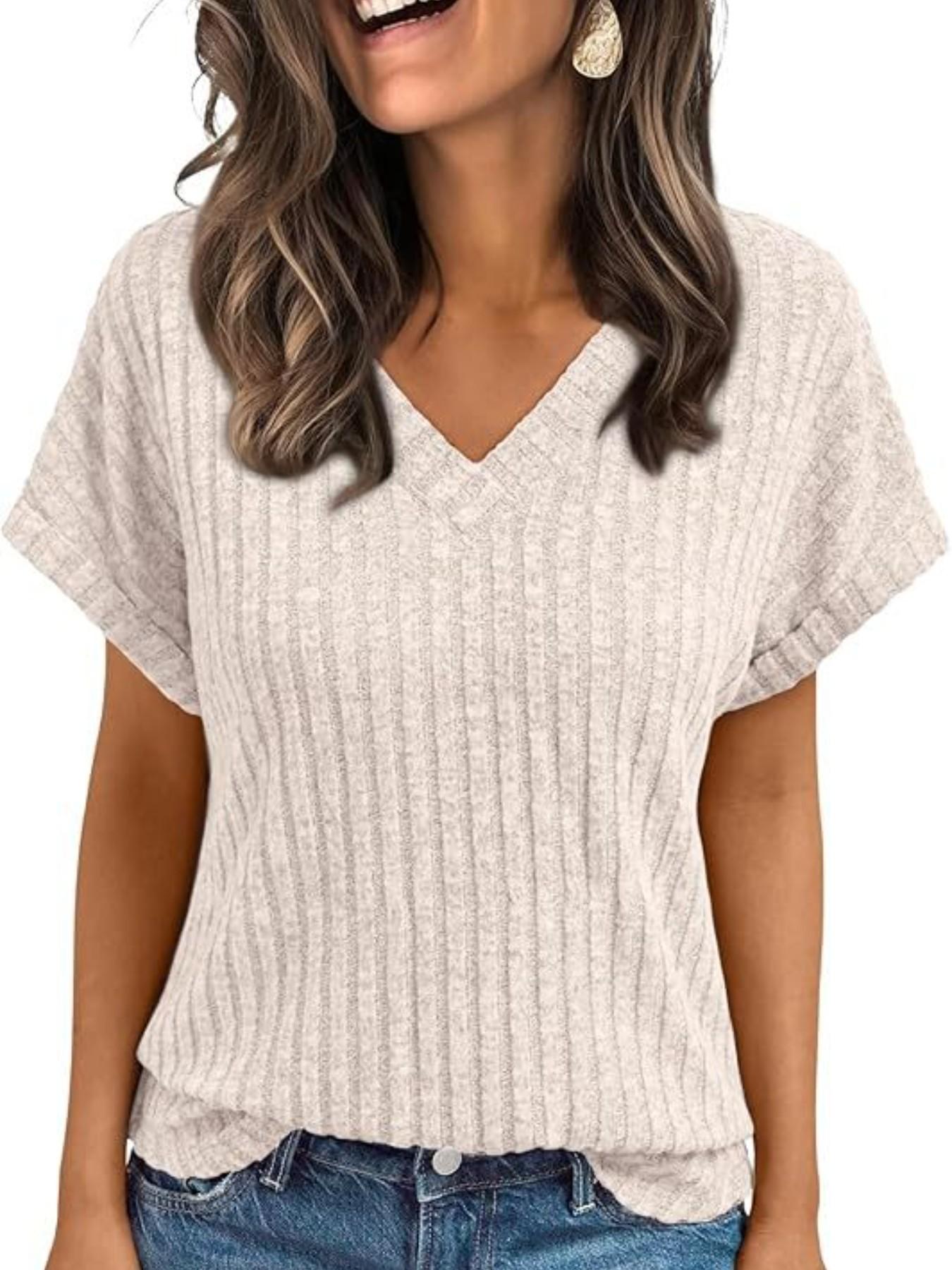 Women's Summer Short Sleeve V-Neck Basic T-Shirt, Casual Pullover Top, European and American Style, Cross-Border Fashion Apparel