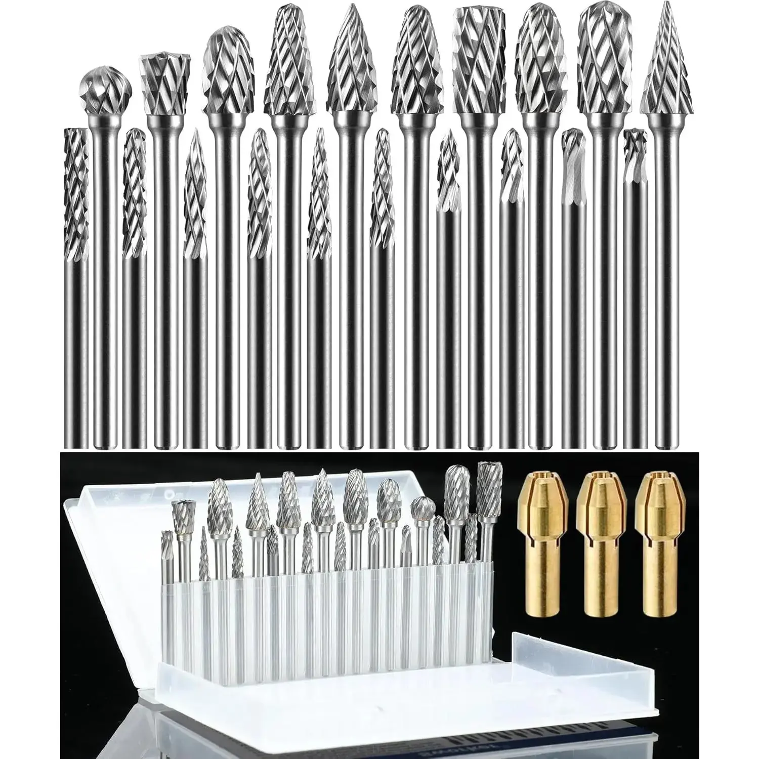 23-Piece Tungsten Carbide Burr Set + Collets - Double Cut 1/8-Inch Shank Rotary Bits (Shank Fit /Die Grinder), 3 Brass Collets, 1 Manual, 140000rpm, Diamond Drilling Bits for Wood Engraving, Polishing
