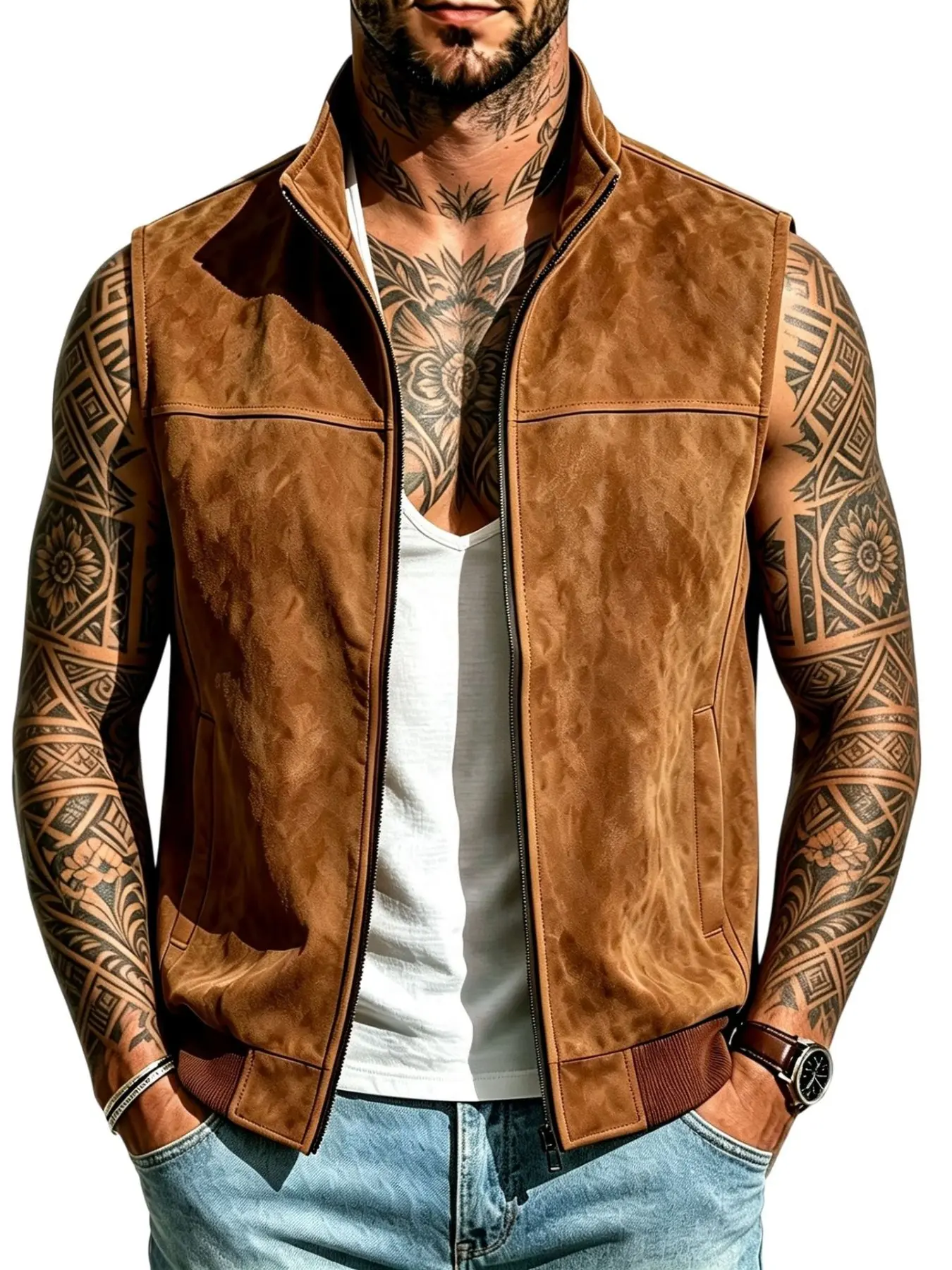 Men's Faux Suede Vest Stand Collar Zip‑Up Sleeveless Jacket Casual Lightweight Waistcoat Outerwear for Daily Travel Street Wear Multi‑Color Available