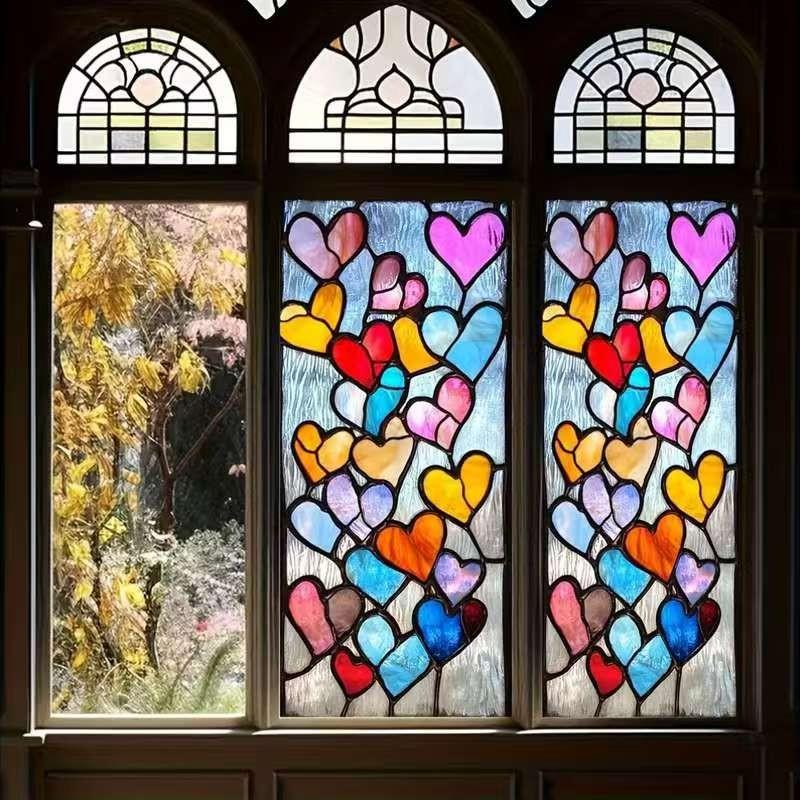 Vibrant Colored Glass Heart Window Sticker, Static Adhesive Frosted Privacy Film, Easy Install Removable PVC Decor, Ideal for Bathroom, Office, Windows