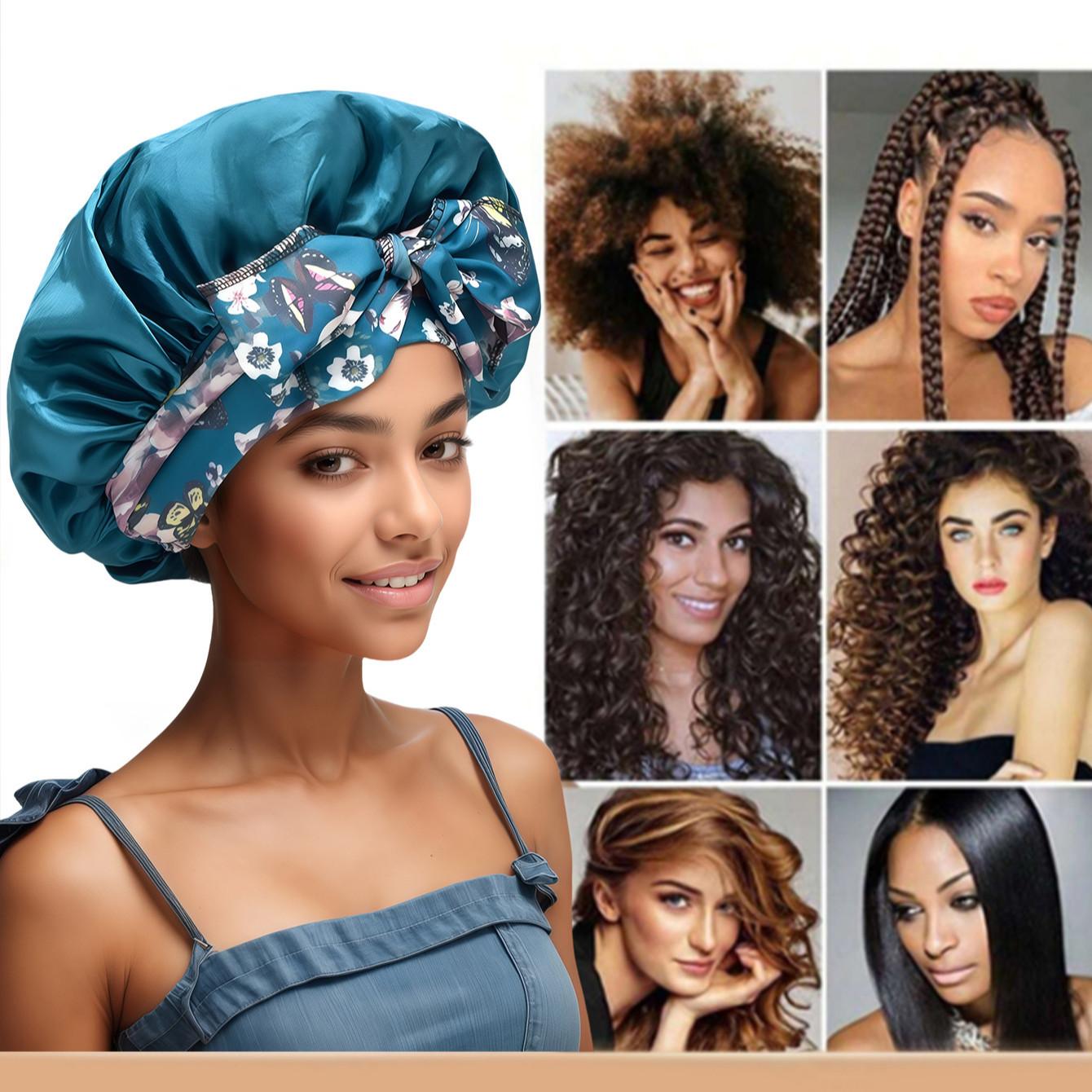 Satin Bonnet for Sleeping, 1 Count Double Layer Satin Lined Hair Bonnet with Elastic Tie Band, Heatless Styling Tools for Women