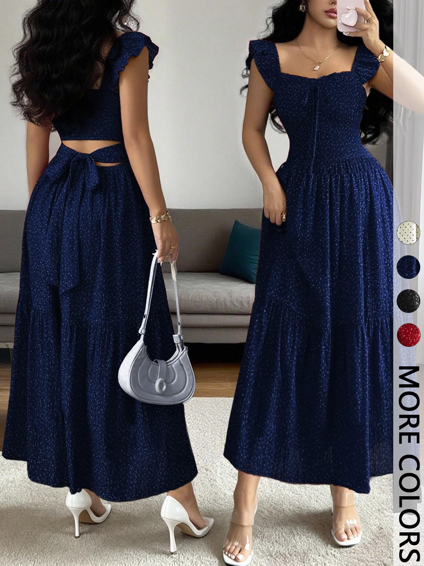 1 Piece Spring & Summer Ruffled Square Neck Polka Dot Maxi Dress , Back Tie Design Retro Sweet Style for Date Nights, Vacation and Beach Party Dress,Waist-Cinching Slimming Romantic Girl Style for Parties and Daily Outings, Casual Wear