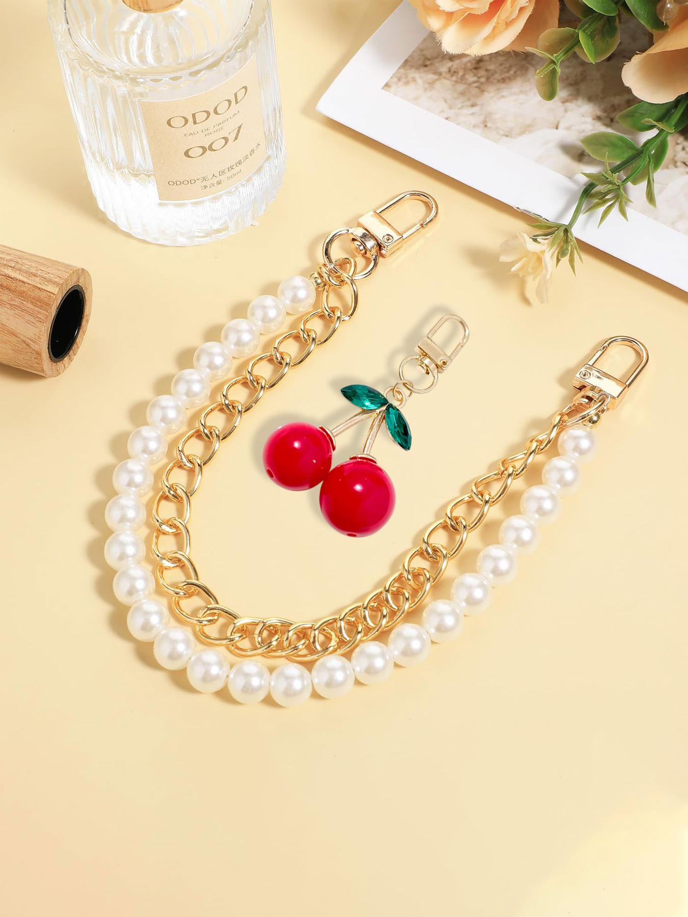 Faux Pearl Purse Chain Bag Charms with Cherry Keychain,Pearl Bag Chain Purse Charms for Handbags Pearl Purse Bag Chain Extender Gold Metal Purse Straps Extender Short Handle Replacement Handbag Strap Bag Purse Accessories Belt Chain Cherry Pendant Keyring