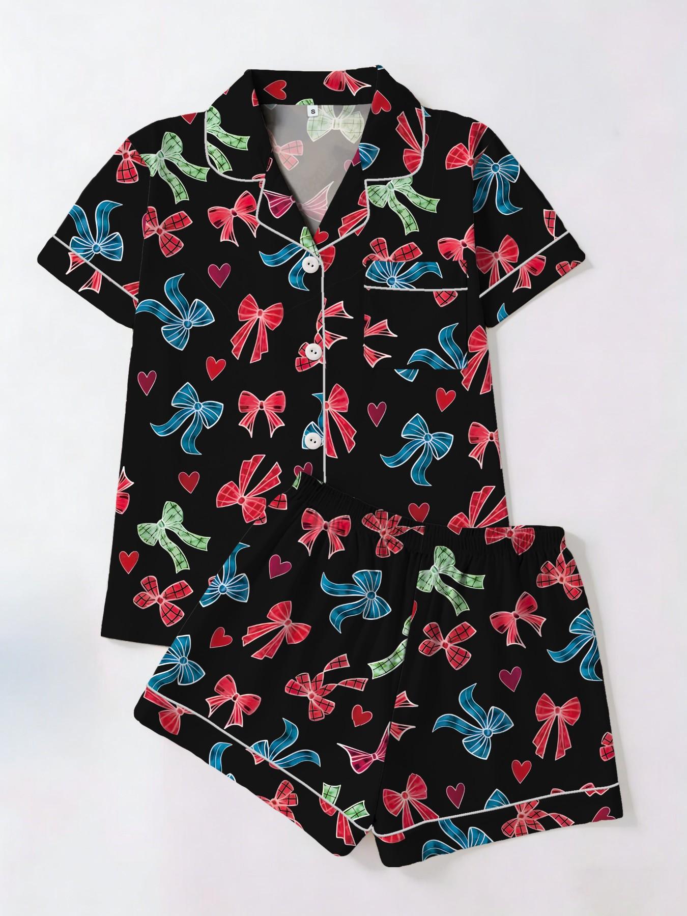 Women's Short Sleeve Button Down Top and Shorts Pajama Set, Spring Summer Wear, For American Retro Sweet Cool Girls, Black Base Vintage Bow Heart Print, Classic Lapel Collar, Loose Straight Fit, Comfortable For Home & Outings