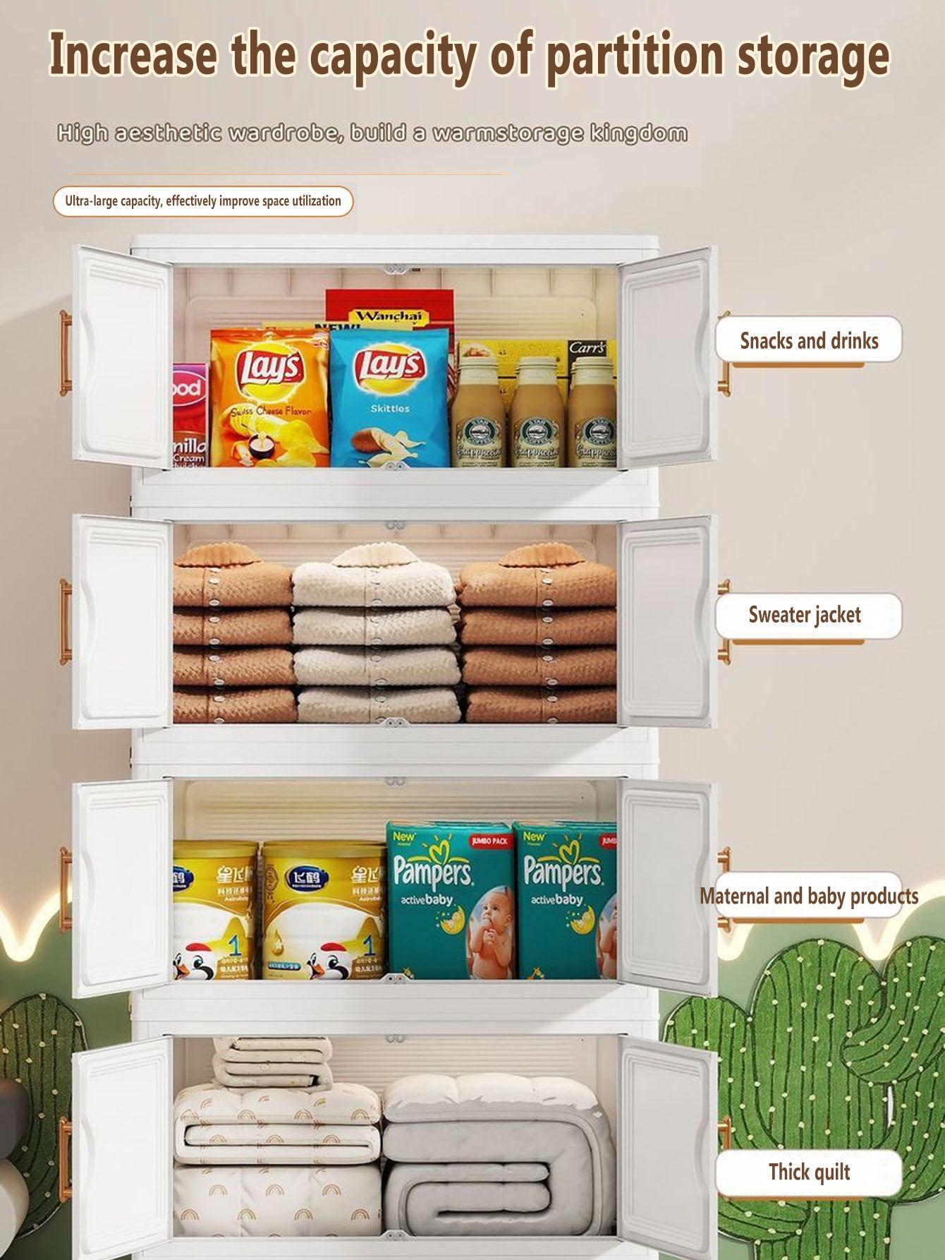 Foldable Plastic Storage Cabinet, Multi-Layer Home Organizer, Easy Assembly, Bedroom & Living Room Use, Baby Closet, Nursery, Modern Style, Cupboard