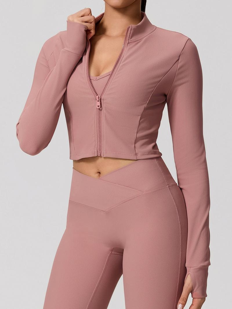 Women's Sporty Zipper Jacket, Long Sleeve Running Gym Yoga Top, High Neck Thumb Loop Cuffs, Quick Dry Polyester Spandex Fabric, Athletic Jackets