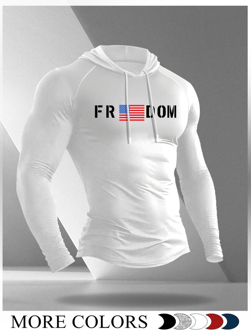 Men's Cartoon Print Hooded Long Sleeve T-Shirt, Casual Fitted Gym Workout Top, Fall Fashion, Moderate Fabric, H-Type Silhouette