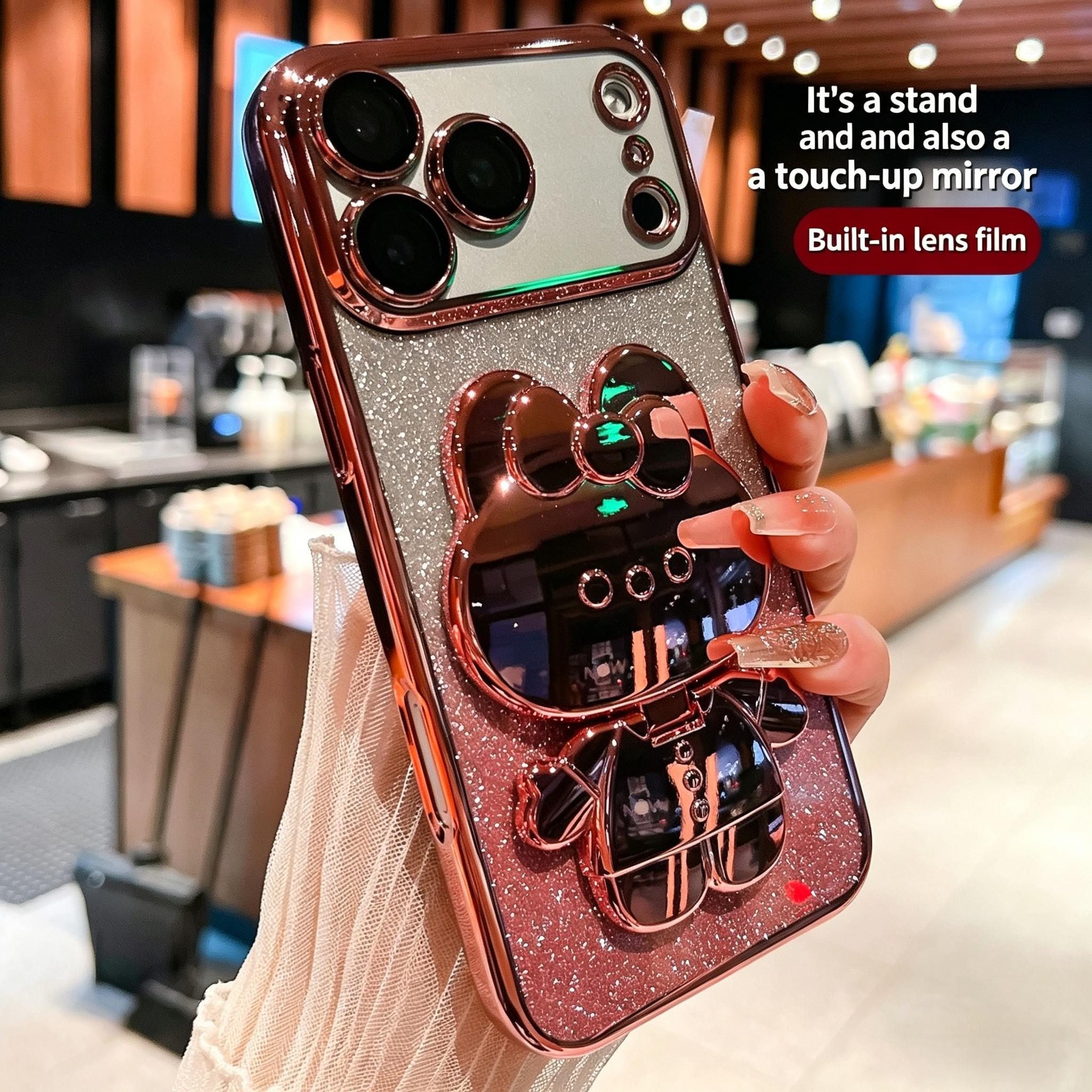 Glitter Bunny Phone Case with Stand & Mirror for iPhone 17 | Cute Silicone Protective Cover | Sparkly Bling Rabbit Case with Kickstand