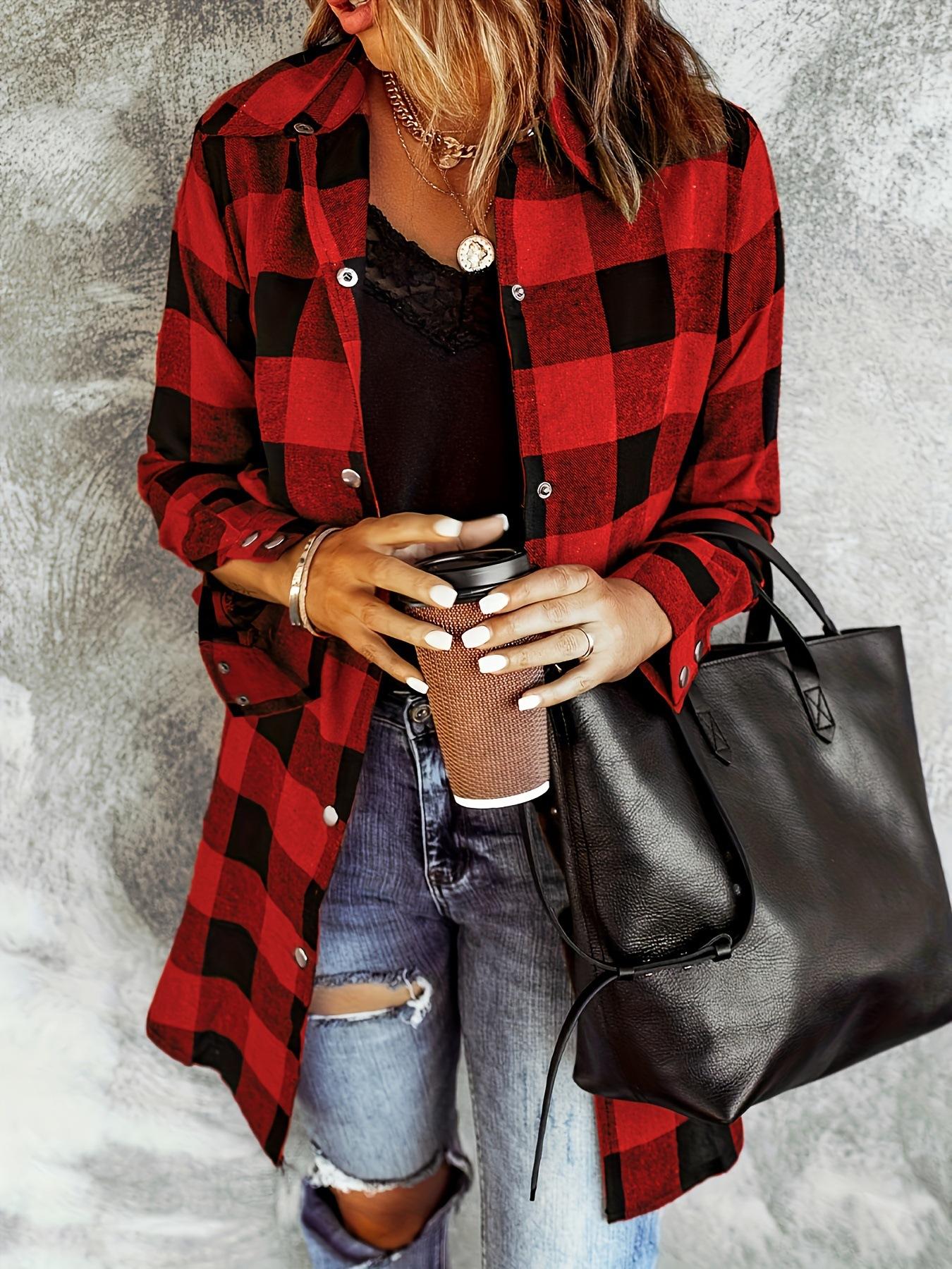 Women's Plaid Shirt Jacket, Long Sleeve Button Front Blouse, Casual Fashion for All Seasons, Ladies' Stylish Outerwear