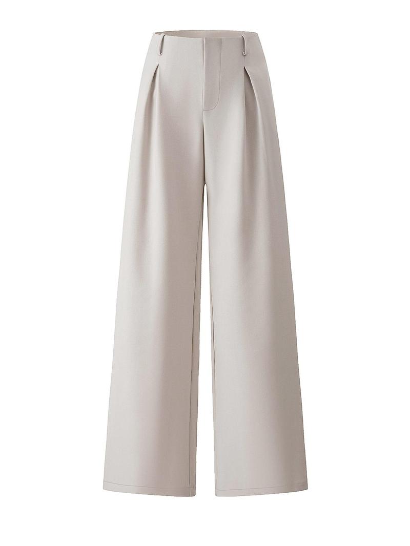 Women's Solid Color Plicated Pocket Wide Leg Pants, Elegant Zipper Fly Trousers for Work Office Business, Ladies Spring & Fall Clothes