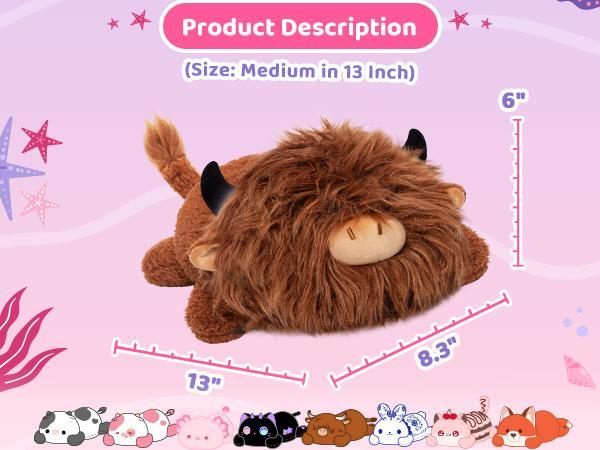 Cute Cow Plush Pillow, Kawaii Plushies 13-inch Highland Cow Stuffed Toys, Squishy Plushies, Cuddle Plush Pillow for Boys & Girls