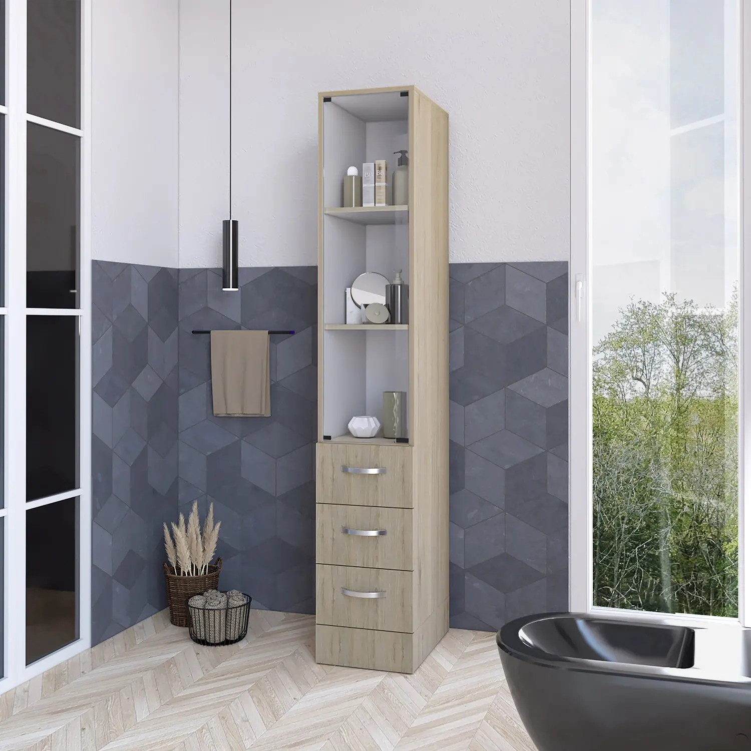 Nokaa Freestanding Bathroom Linen Cabinet with Glass Door, 3 Shelves & 4 Drawers, Particle Board Multicolor, Modern Storage Tower for Bathroom Organization, 11.97W x 17.56D x 68.29H in