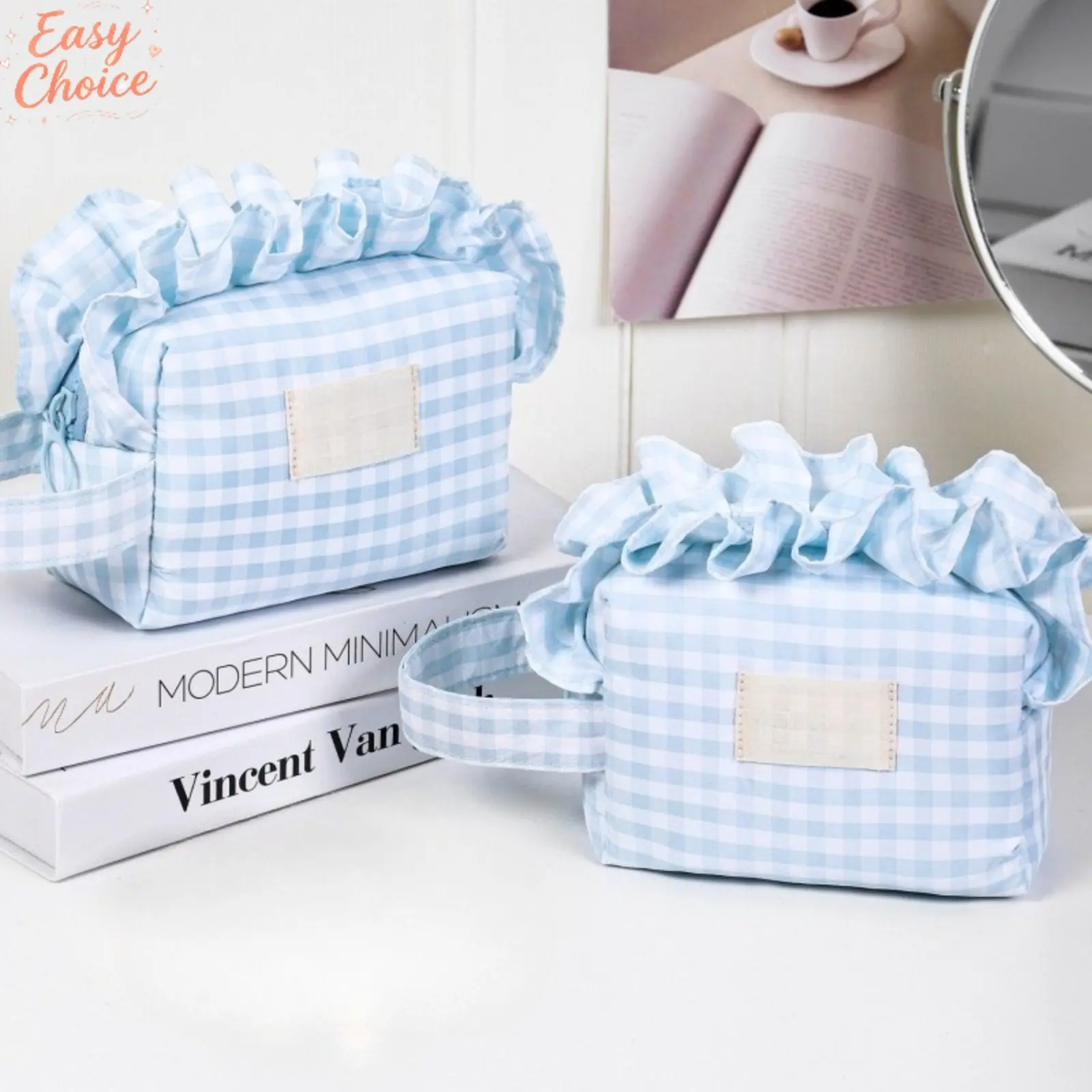 Fresh Ruffled Edge Handheld Makeup Bag, Cute Color Block Plush Cosmetic Organizer, Portable Large Capacity Travel Beauty Storage Pouch For Daily & Vacation Use