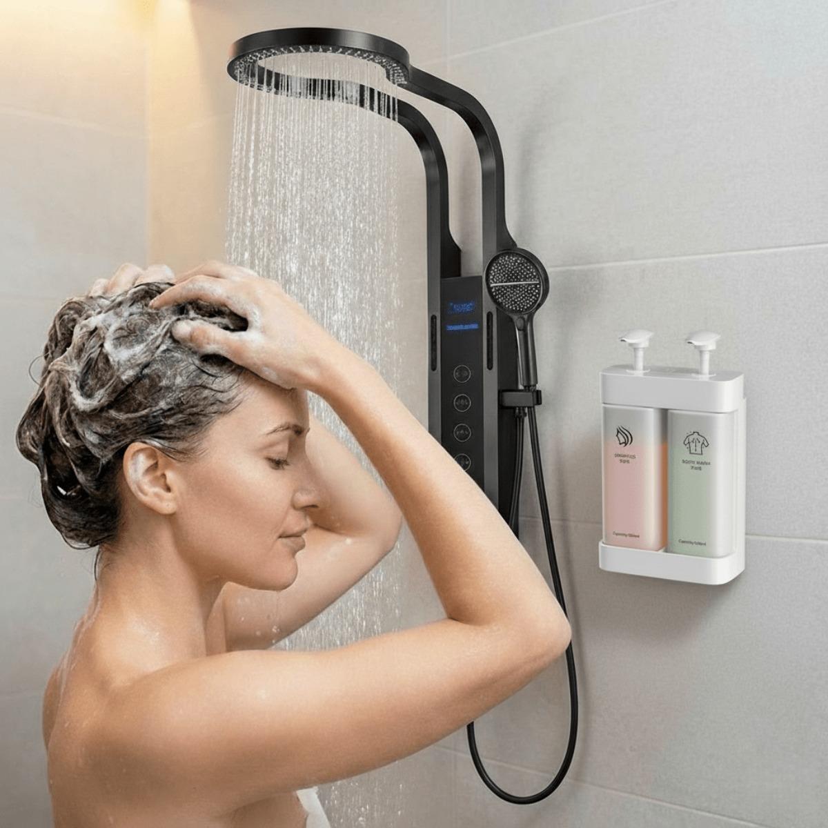 No-Drill Shampoo Dispenser Set, Wall Mounted Conditioner and Body Wash Storage Bottles, Multi-Chamber Push Pump Design, 500ml Large Capacity Refillable Shower Soap Dispenser for Bathroom, Hotel, Apartment and Dorm