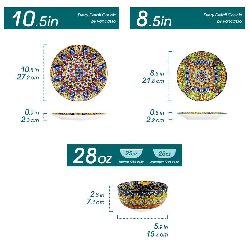 vancasso 12/16/18/24 Pieces Dinnerware Sets, Plates and Bowls Set, Porcelain Dishes Set for 4/6, Microwave and Dishwasher Safe, Scratch Resistant, Bohemian Style Dining Ware Service for 6, Series SIMI