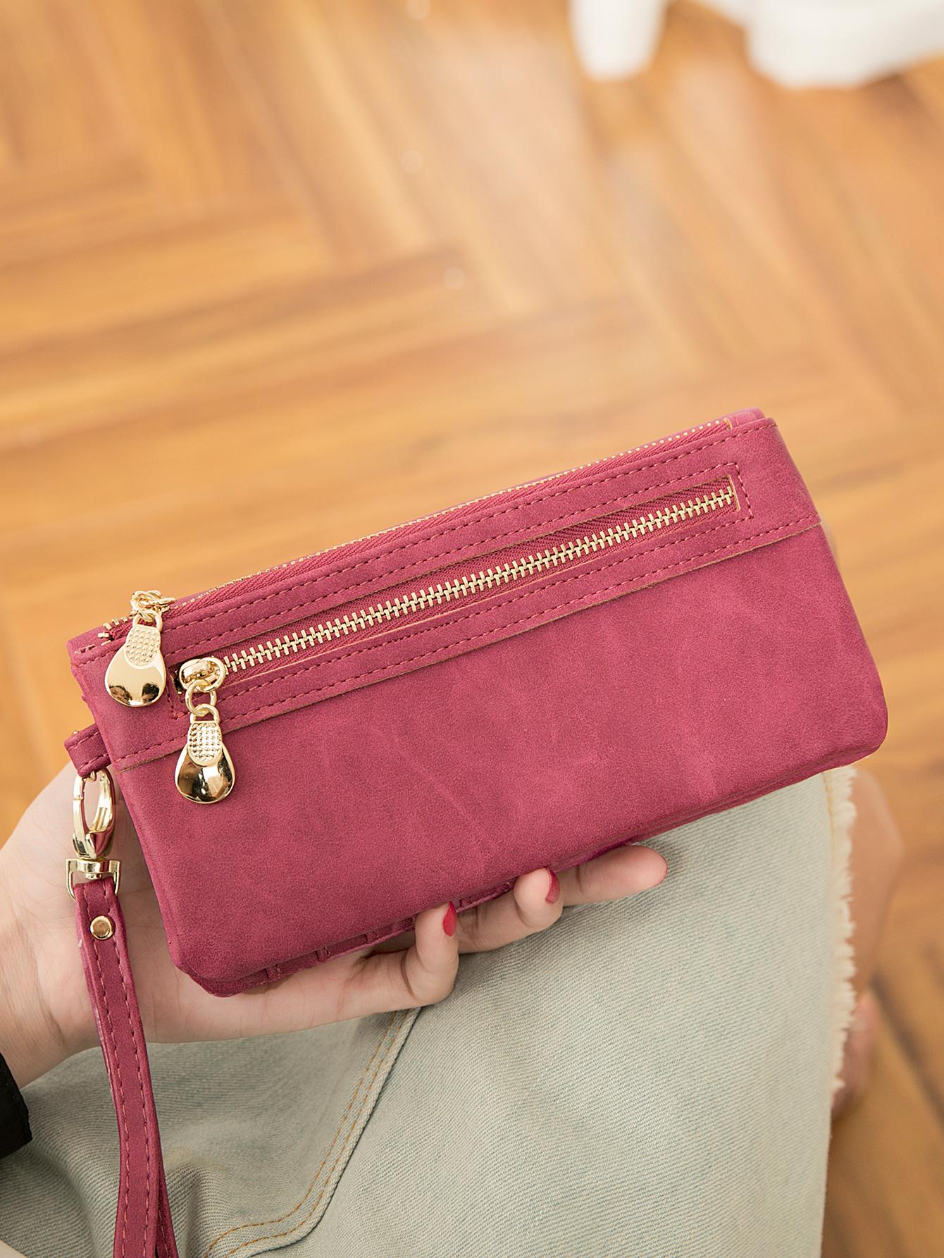 Handbag Vintage Frosted Double Zipper Folding Multi-Card Large Capacity Ladies Mobile Wallet Multi-Functional Wrist Strap Ladies Daily Travel Storage Bag With Fashion Boutique Ladies Wallet Business Casual For Women Wallet, Fashionable Versatile Purse