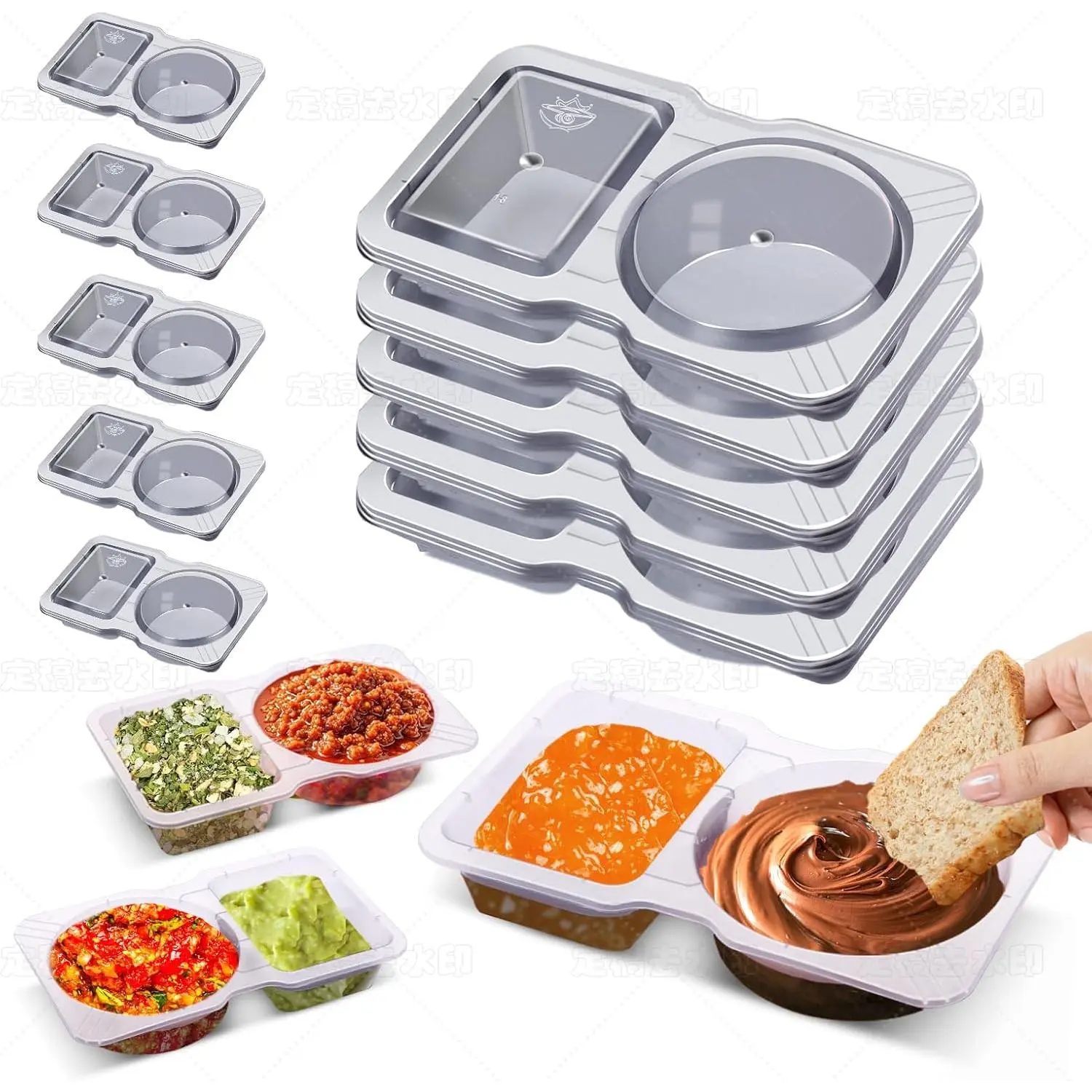 10 Sets Double Compartment Condiment Container With ,  Snack Container for Sauces and Snacks, Disposable Snack Containers, Ideal for -the-Go Meals and Parties (10Pack)