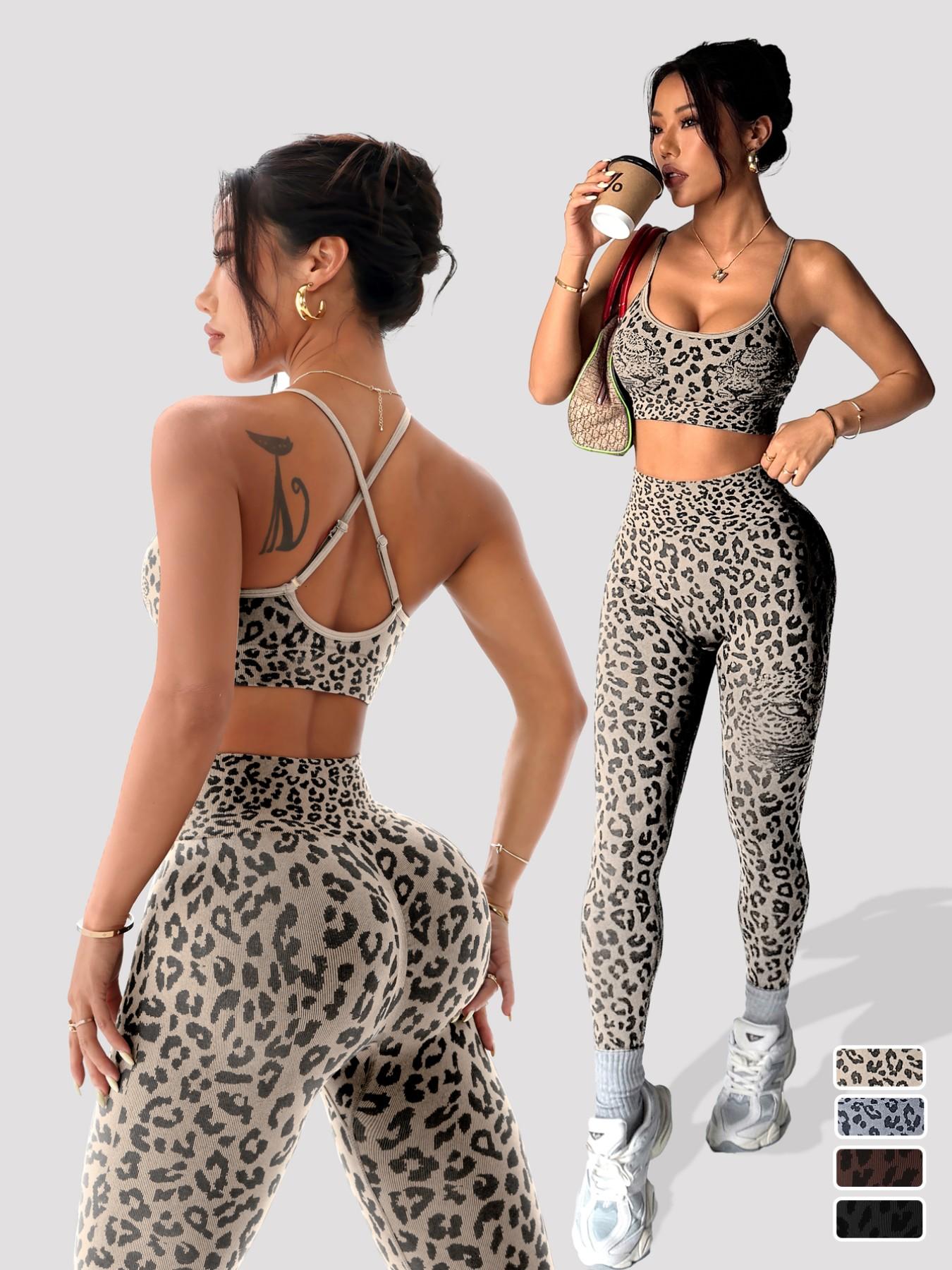 Women's Spring Summer Leopard Print Two-Piece Set, Fitted Sportswear Set, Matching Bodycon Athletic Workout Set, Athletic Clothing Set, Adjustable Straps Backless Top + High Waist Tummy Control Nine-Point Tight Yoga Pants