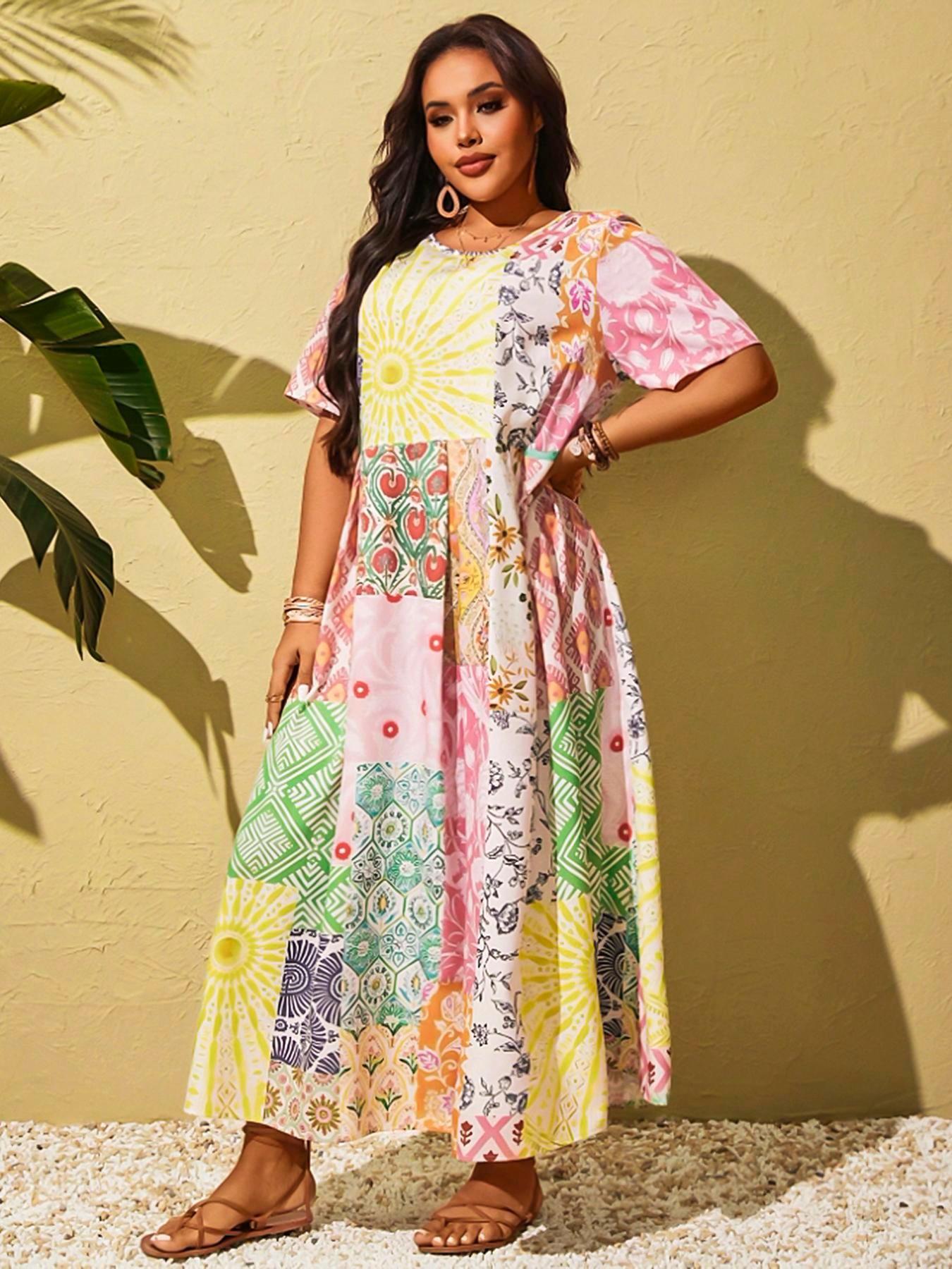 Women's Plus Size New Boho Patchwork Dress, Stylish Casual Wear, Comfortable Fit, Perfect for Daily, Spring Trendy Fashion Clothing