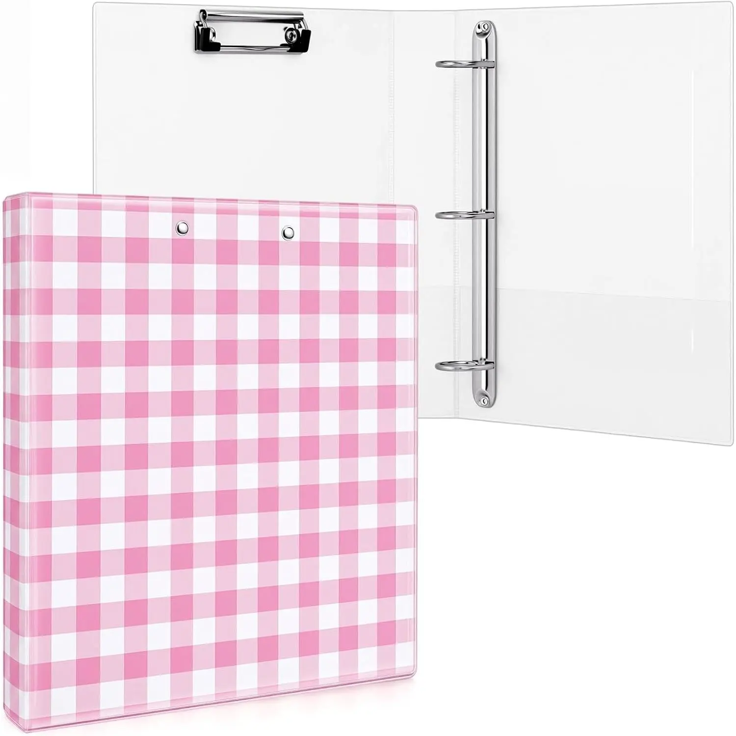 Pink Gingham 3 Ring Binder 1 Inch with Clipboard Interior Pockets, Cute Preppy Round Ring Binder for Office Supplies & File Folder Organization