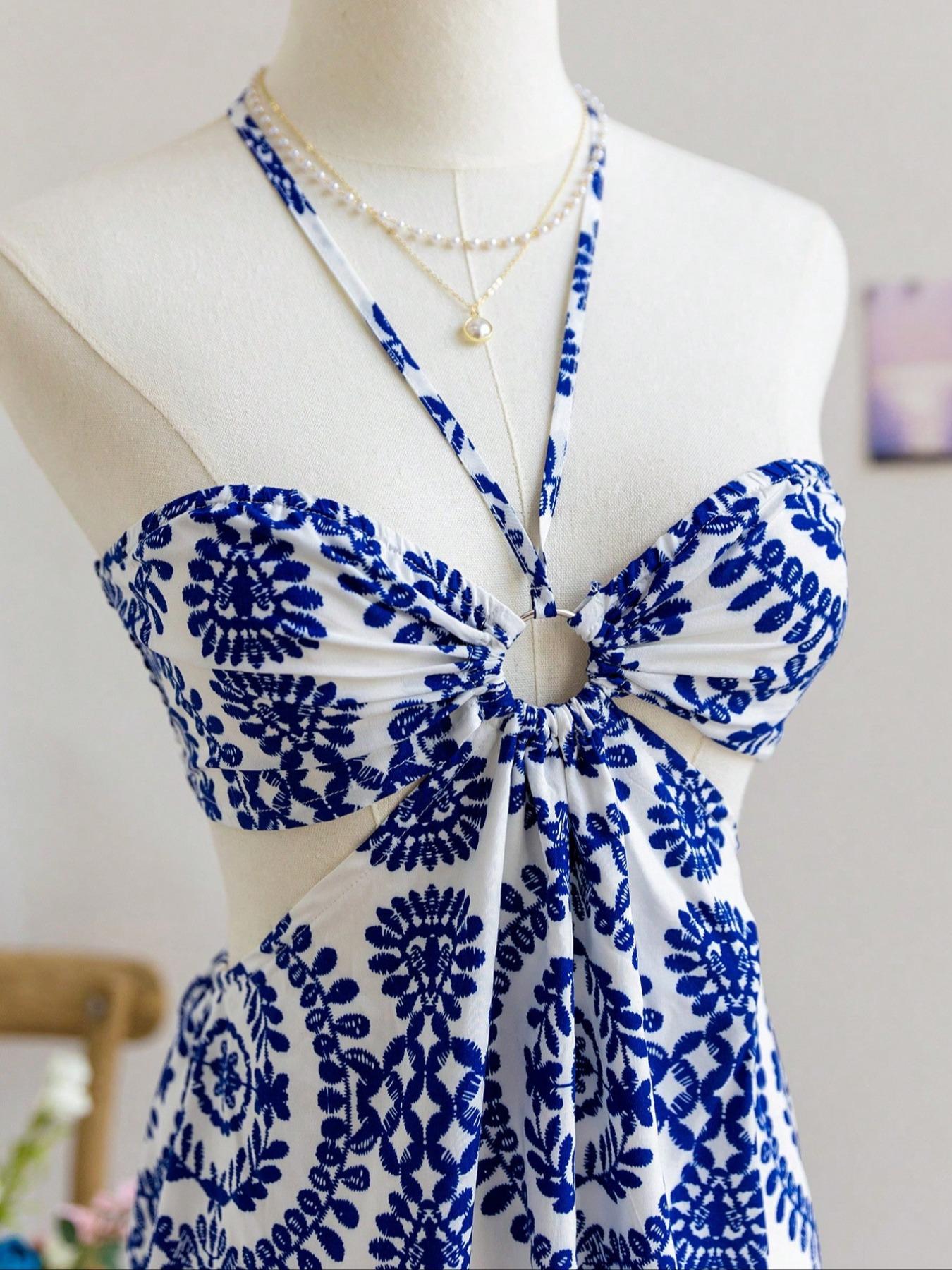 Women's Boho Vacation printed pattern Sexy Halter Drawstring Hollow Waist Dress, Suitable For Beach, Music Festival, Hippie, Party, Date, Afternoon Tea