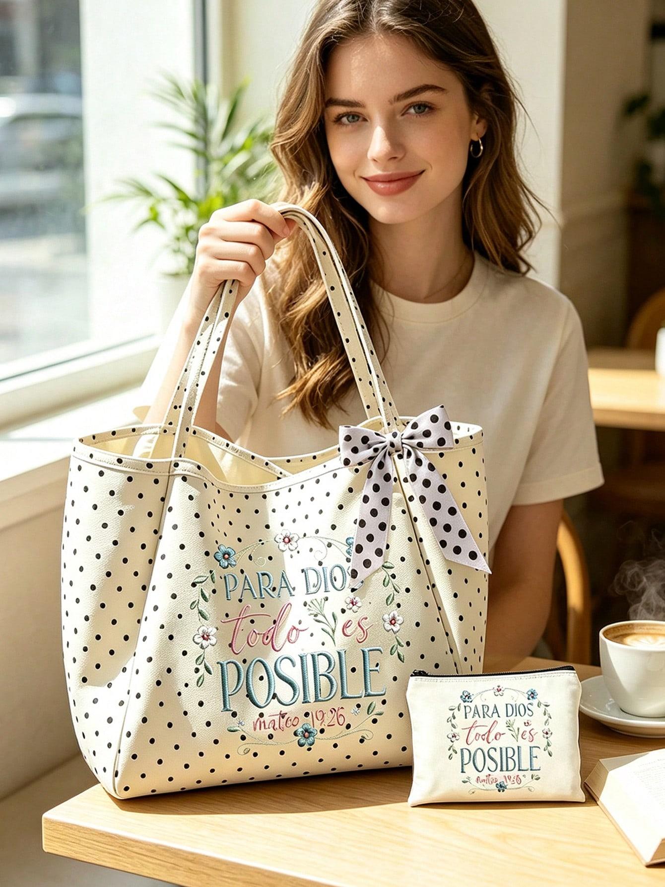 All For God Floral Polka Dot Tote Bag Set, White Dot Bow Faith Bible Shoulder Bag with Embroidered Wreath Makeup Pouch, Spanish Scripture Handbag for Church Travel Gift