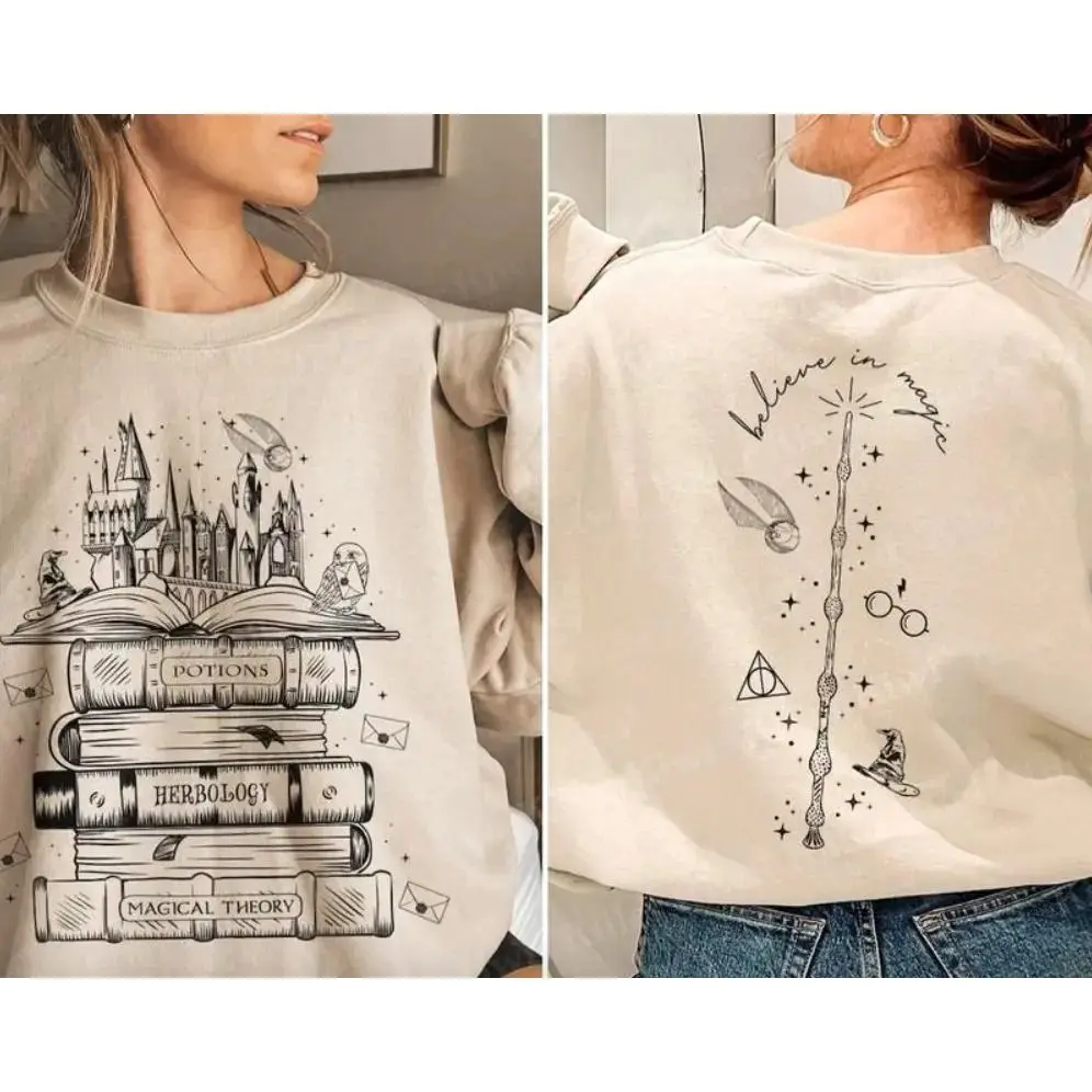 Vintage Magic Book Stack Sweatshirt – Wizard Spellbook Fantasy Aesthetic Crewneck, Womenswear, Andrew Clothings Long Sleeve Casual