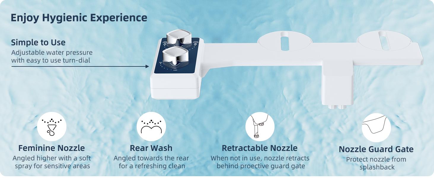 Bidet Attachment for Toilet, Toilet Seat Bidet, Dual Self-Cleaning and Retractable Nozzle, Pressure Control, Non-Electric Attachment for Rear Washing and Sanitizing