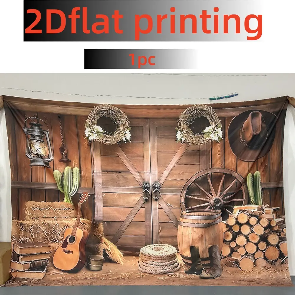 1PC 2D Flat Vintage Barn Door Guitar Hay Rural Western Style Party Photo Booth Backdrop, Polyester Fabric Photography Background Cloth, Suitable for Living Room Bedroom Office, Birthday Anniversary Home Decor Indoor Outdoor Party, Birthday Party Supplies