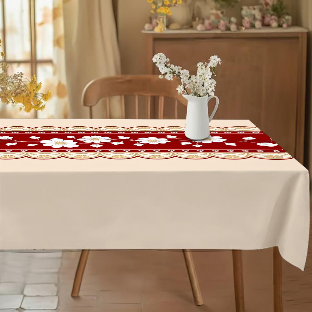 Rectangular Light Beige Tablecloth, with Red Floral-patterned Gold-bordered Table Runner, Perfect for Cozy Homey Dining Area, Elegant Design, Premium Fabric, Enhances Dining Ambiance