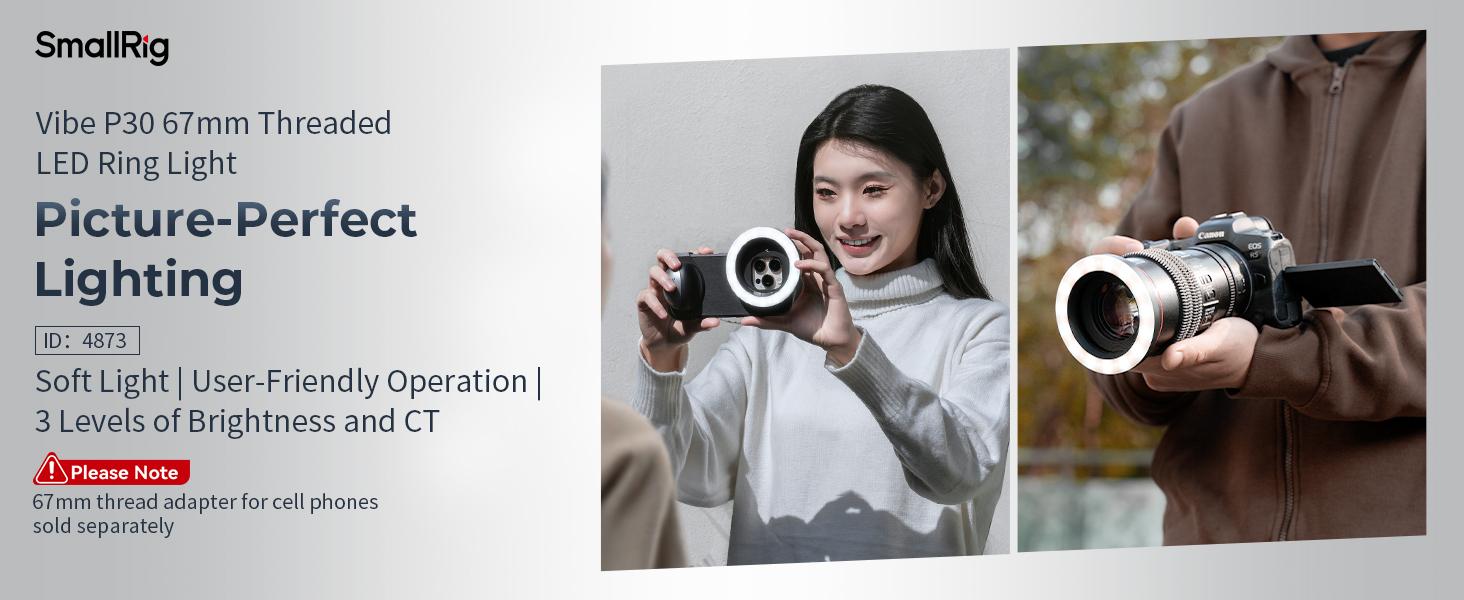 SmallRig Vibe P30 67mm Ring LED Video Light, Compact Powder-Size Bi-Color Light with High CRI ≥90, Compatible for 67mm Phone Mounts/Cases/Lenses, for Content Creation, Live Streaming