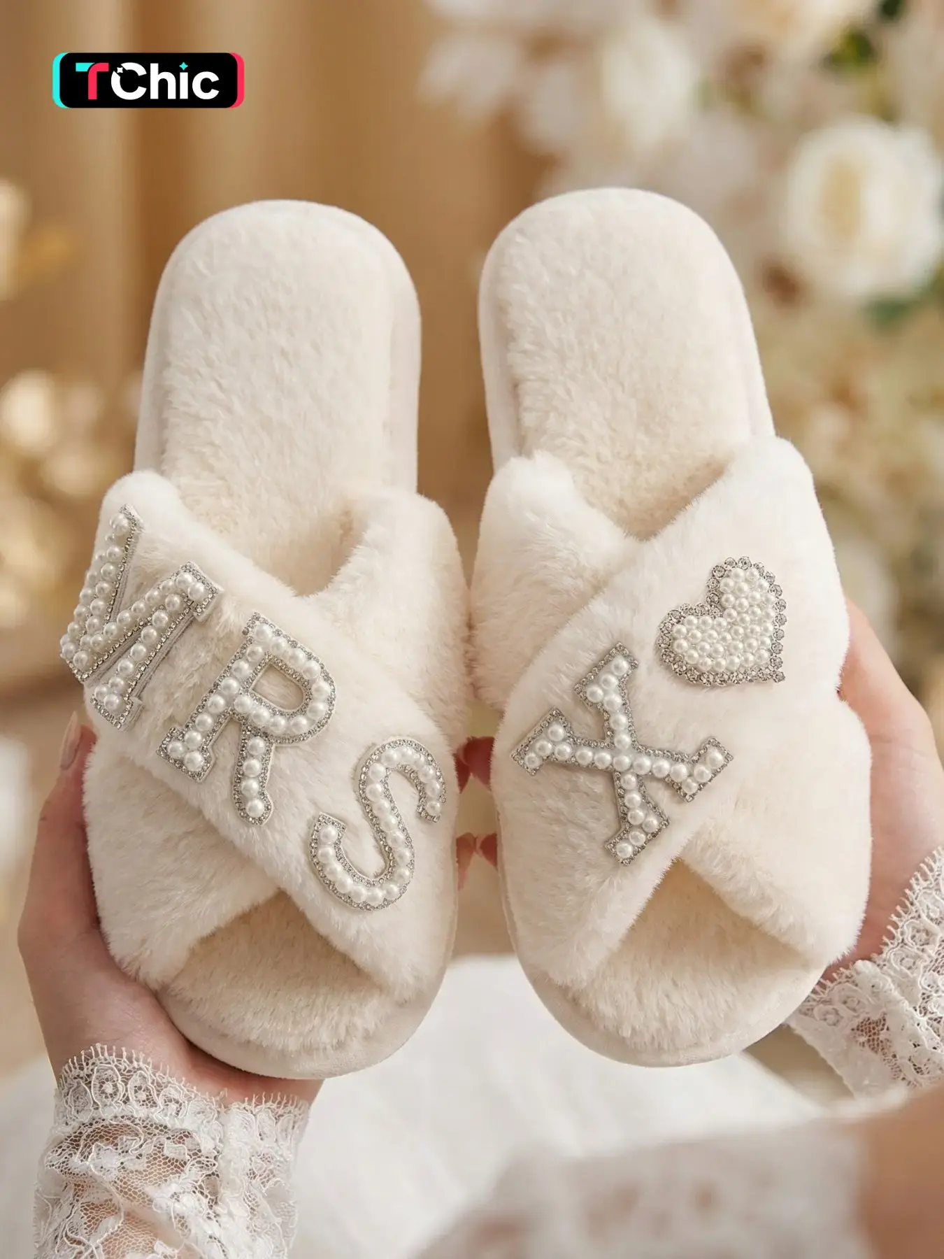 Ivory Cross Band Fuzzy Bride Slippers, Home Slippers, Pearl Rhinestone MRS X Letter & Pearl Heart Open Toe Plush House Slides, Soft Warm Non-Slip Indoor Footwear, Matching Wedding Morning Robe Accessory, Bridal Shower Honeymoon Gift, Wedding