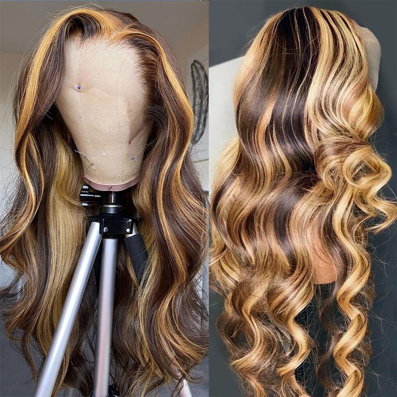 4 27 Highlight Brown Body Wave Lace Front Wig 13x4 Brown Ombre Colored Human Hair Wigs For Women Body Wave Frontal Wig Transparent Lace Frontal Hair Wigs