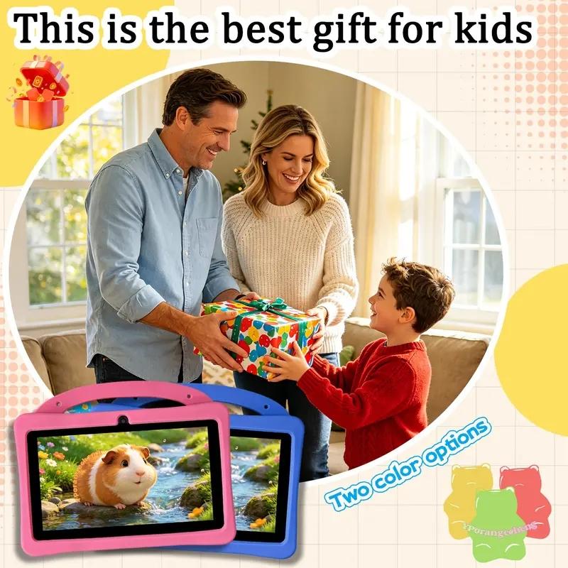 New 7-inch kids' tablet Learning Tablet with Android 13, 1GB RAM and 16GB ROM, WiFi support, comes with a shockproof silicone case and cute dinosaur design. Parents can control the educational apps. Dual cameras, perfect Children's Day gift for kids.