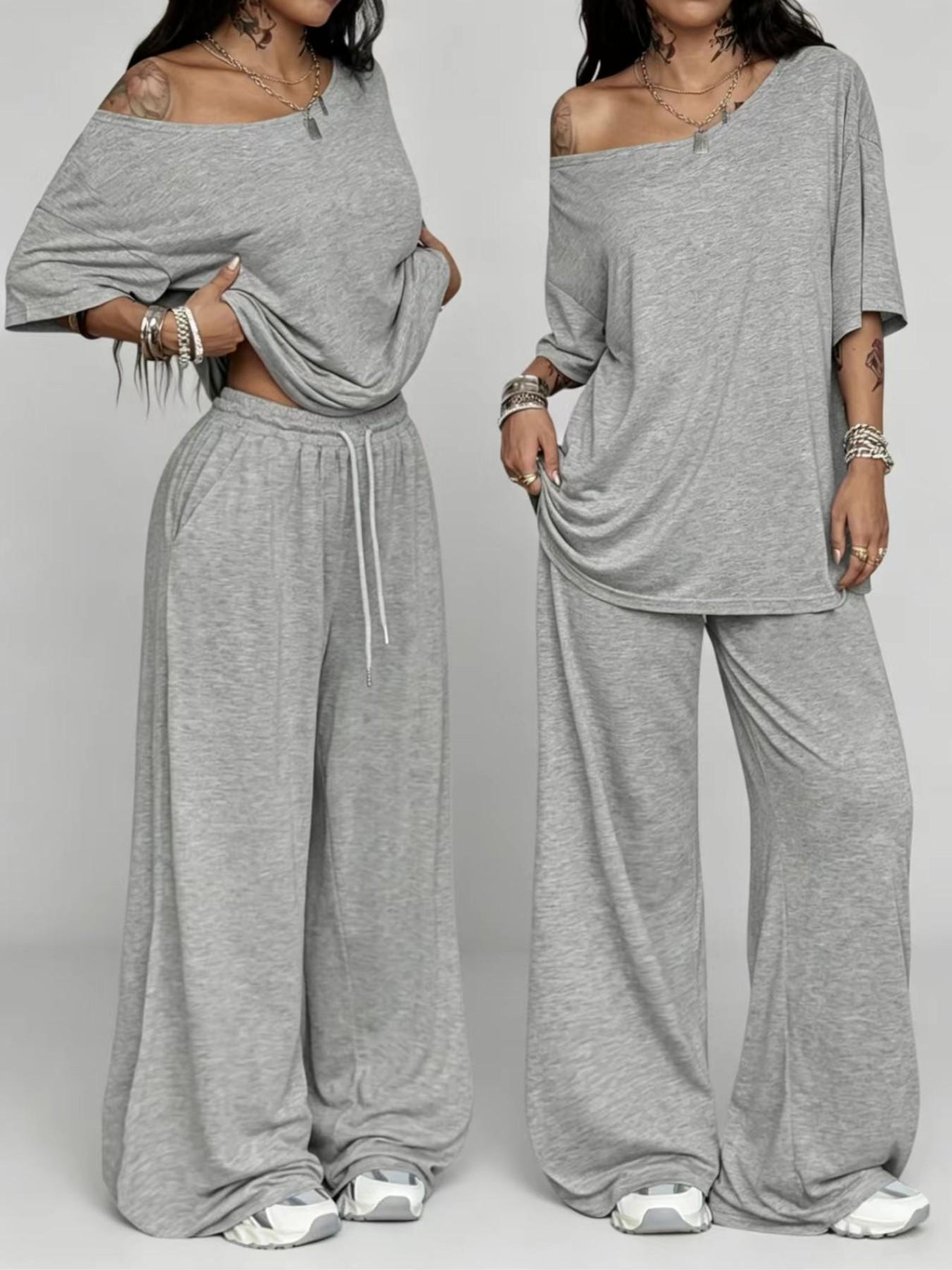 Women's Casual Solid Color Sport Two-Piece Set, Sweatsuit Loose Long Pants & Wide Leg Slant Neck Pant Suit, Spring & Fall Fashion