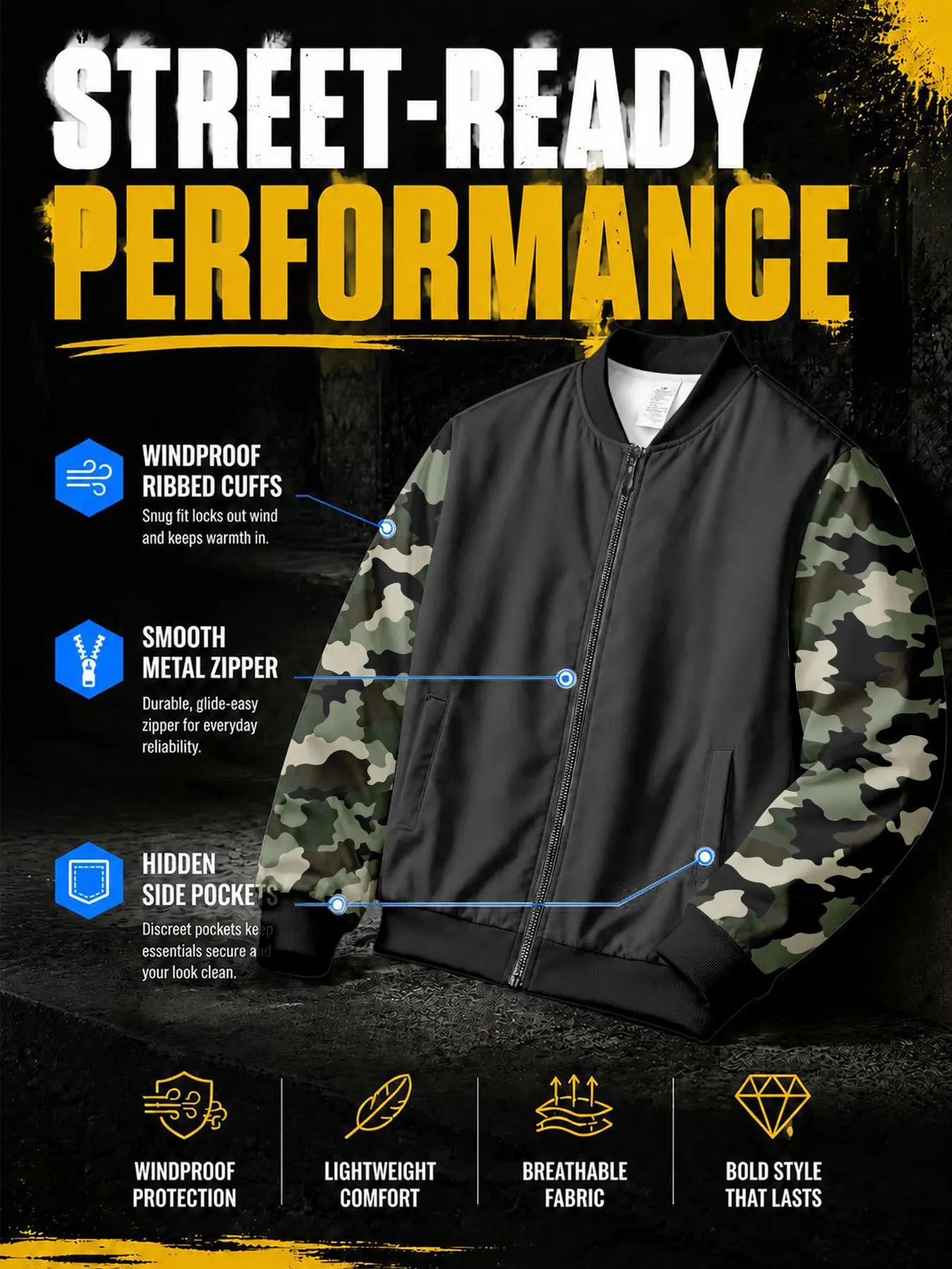 Men's Patchwork Camouflage Sleeve Bomber Jacket, Street Style Long Sleeve Casual Outerwear, Slim-Fit All over Print Top, Casual Fitted Jackets