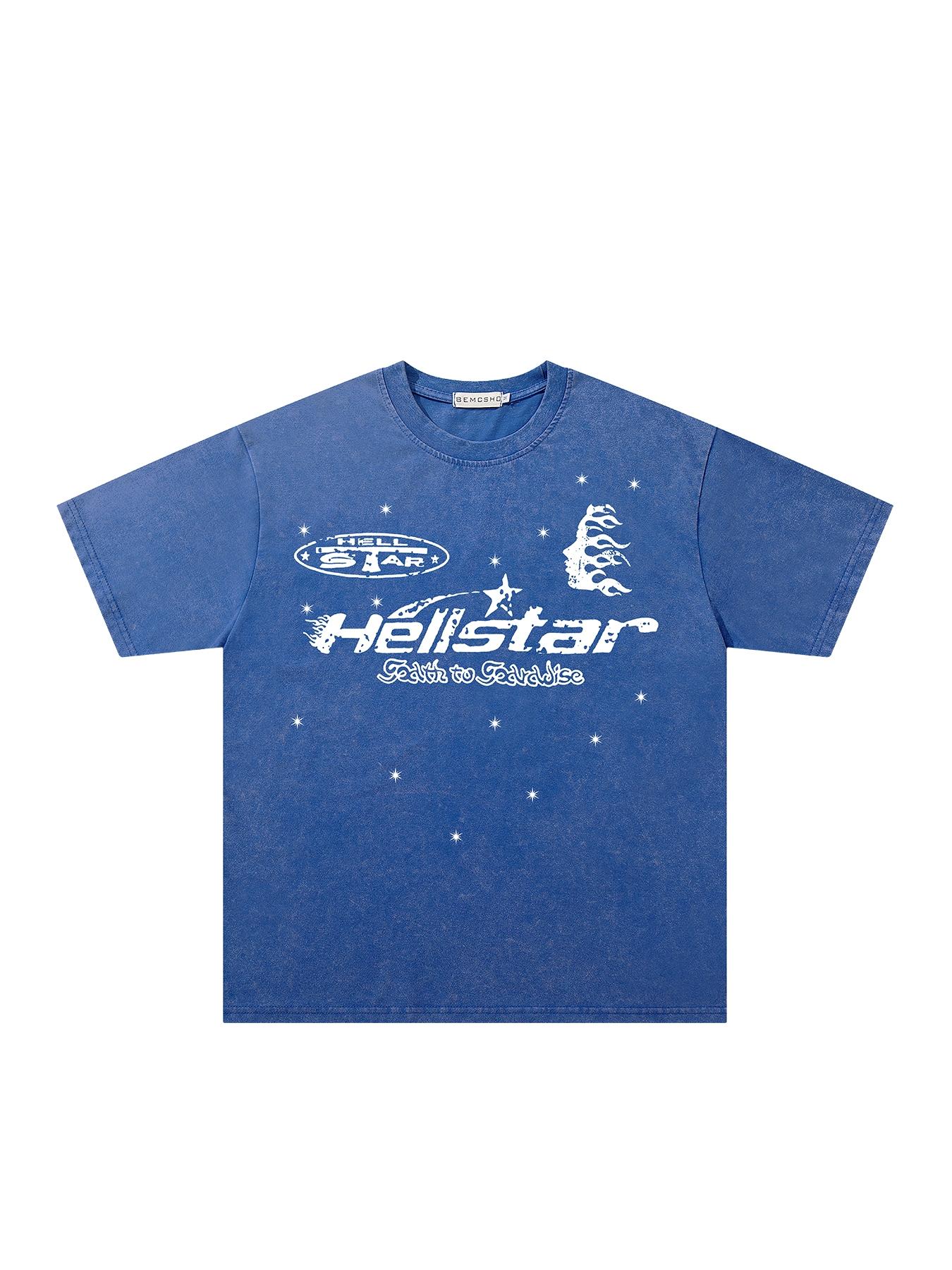 Men's American Vintage Streetwear T-Shirt, Washed Distressed Tie-Dye, Flame, Letters & Stars Print, Summer Casual Round‑Neck Short-Sleeve Tee