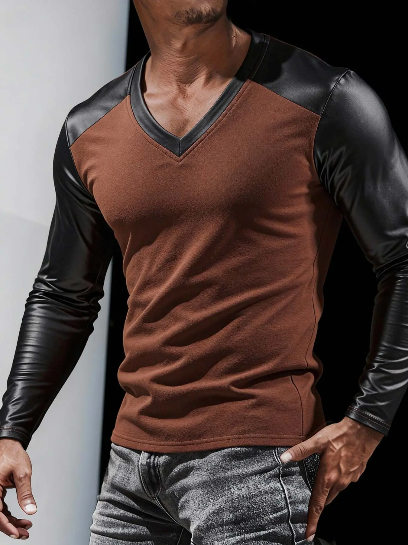 2026 New American Motorcycle Style Men's Colorblock Long Sleeve Top, Pure Color Knit, V Neck, Elastic Fit, Breathable Streetwear